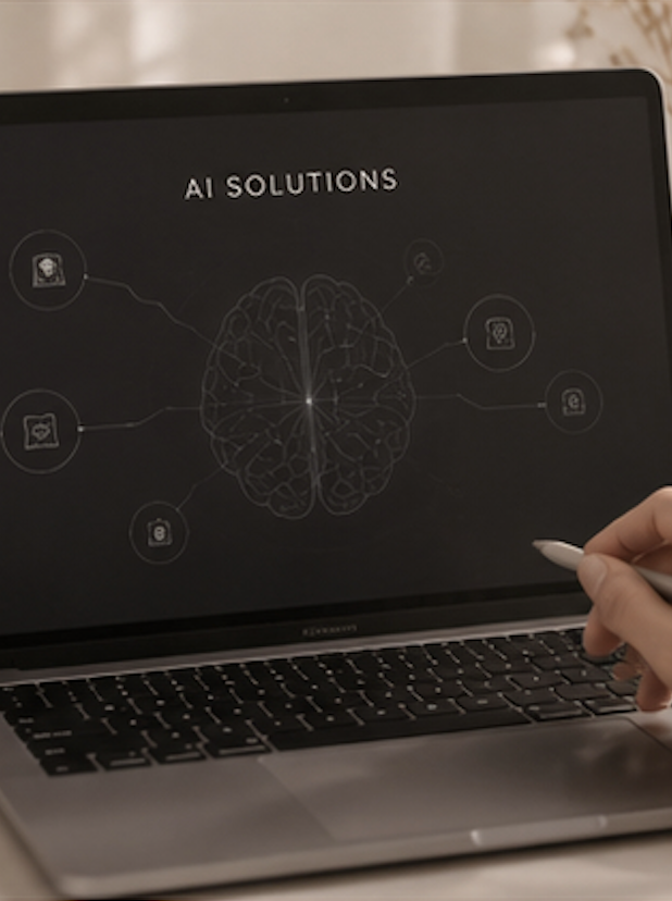Schermo di un computer portatile con un diagramma di un cervello e il testo "AI SOLUTIONS" in alto, con icone collegate al cervello.