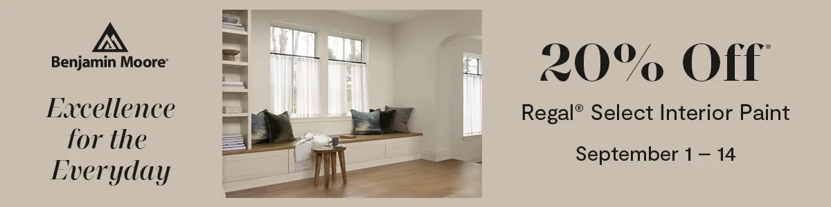 Advertisement for 20% off Regal Select Interior Paint, featuring a cozy window seat with pillows and a small wooden stool, from September 1-14.