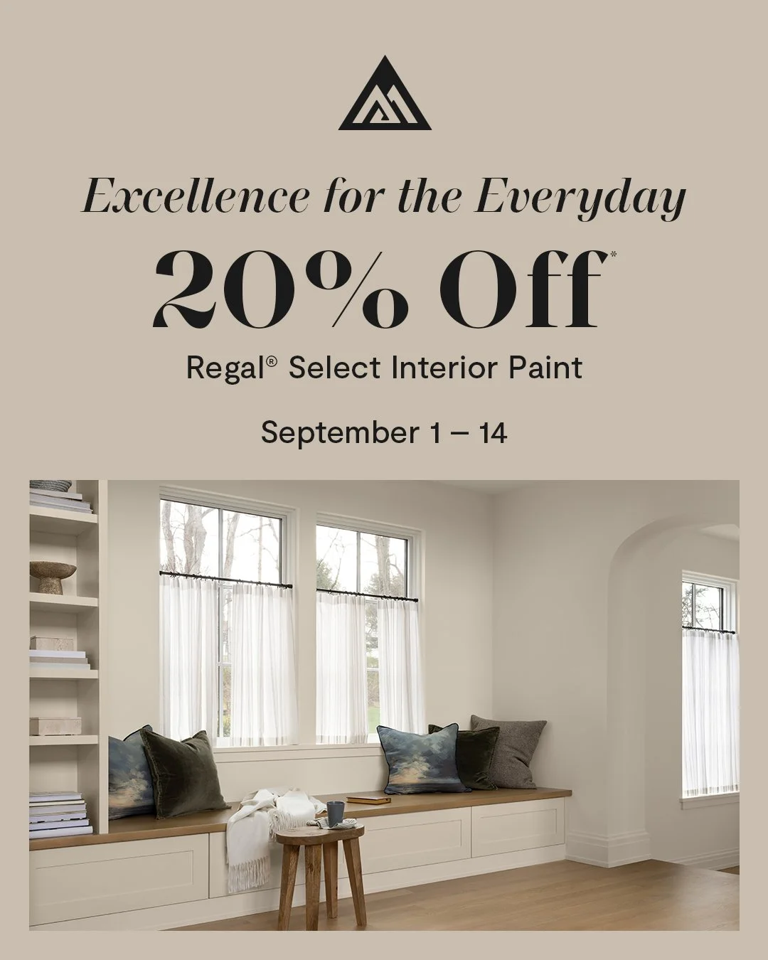 Advertisement for 20% off Regal Select Interior Paint, featuring a cozy window seat with pillows and a small wooden stool, from September 1-14.