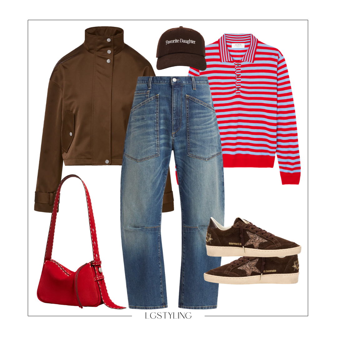 Casual outfit with a brown jacket, red and blue striped sweater, blue jeans, brown sneakers, a brown cap with "Favorite Daughter" written on it, and a red handbag.