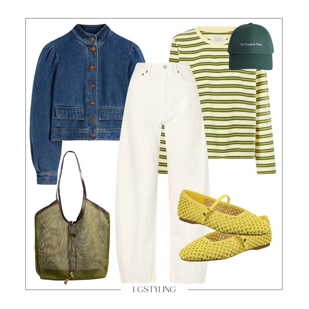 Casual fashion outfit with a denim jacket, striped long sleeve shirt, white wide-leg pants, yellow woven flats, green cap, and a mesh tote bag.
