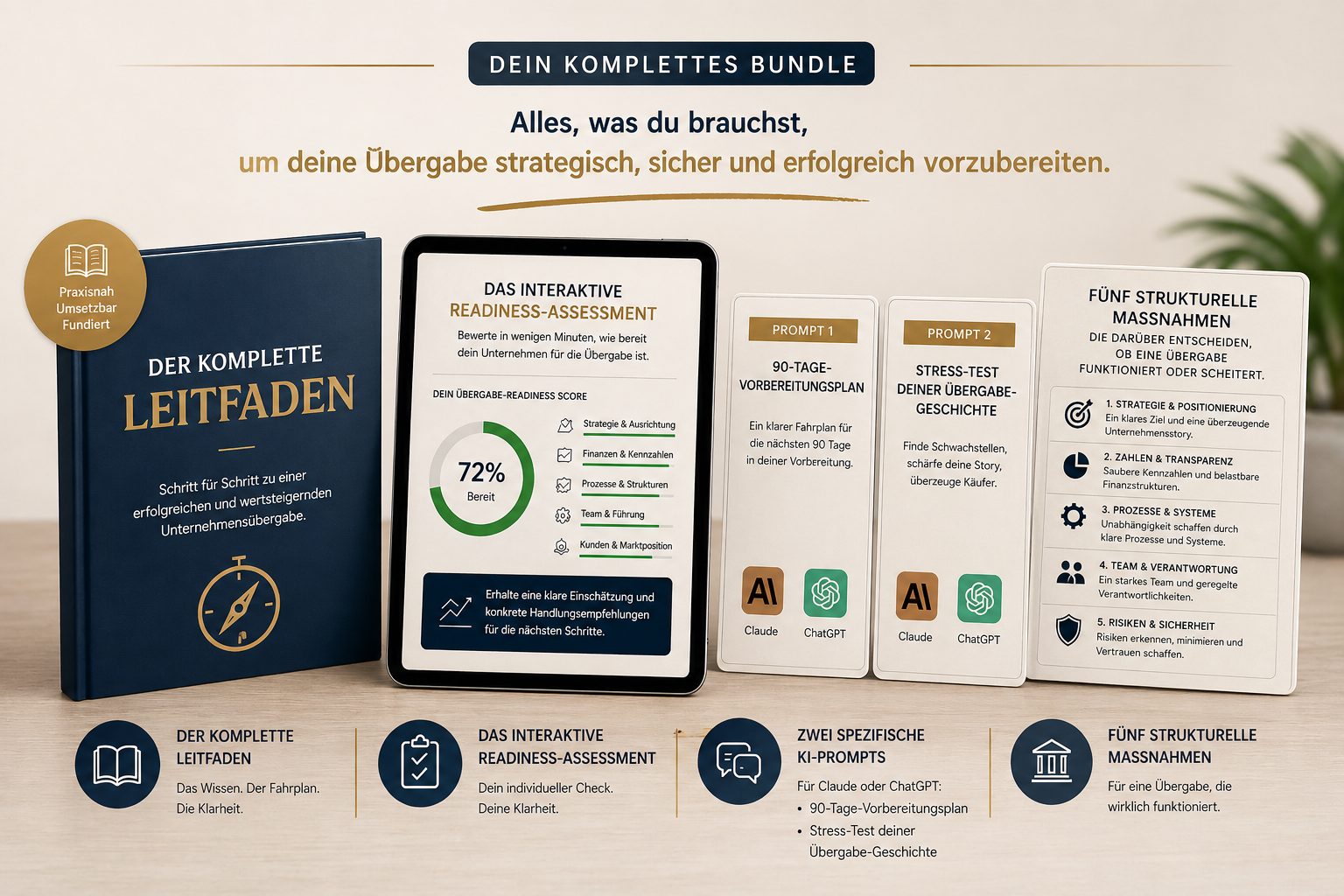 Das komplette Bundle: Leitfaden, interaktives Readiness-Assessment, zwei KI-Prompts und fünf strukturelle Massnahmen