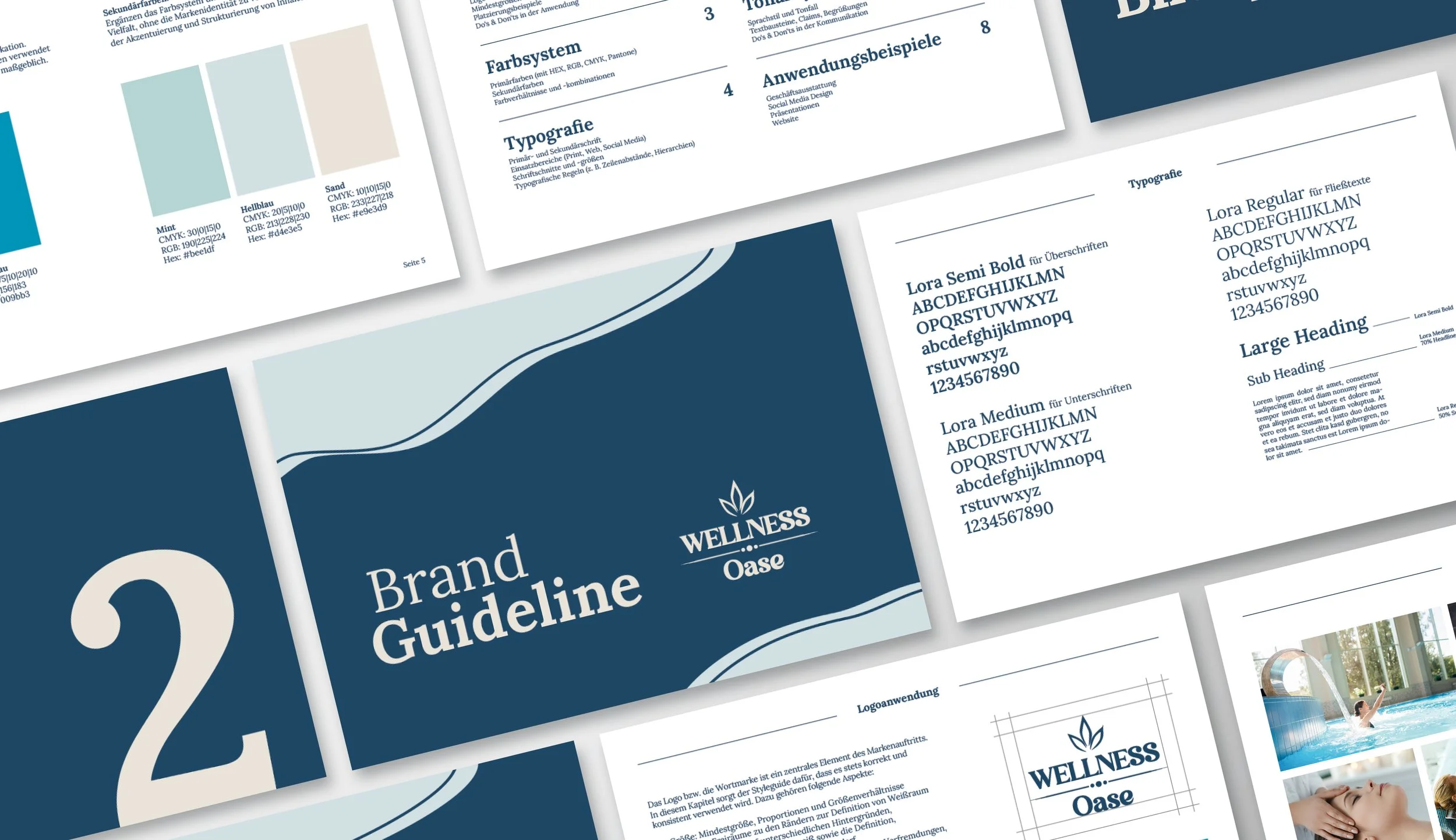 Ausschnitt aus einem Brand Guide für eine Wellness-Oase – mit definierten Farben, Schriften und Gestaltungselementen für einen stimmigen Markenauftritt
