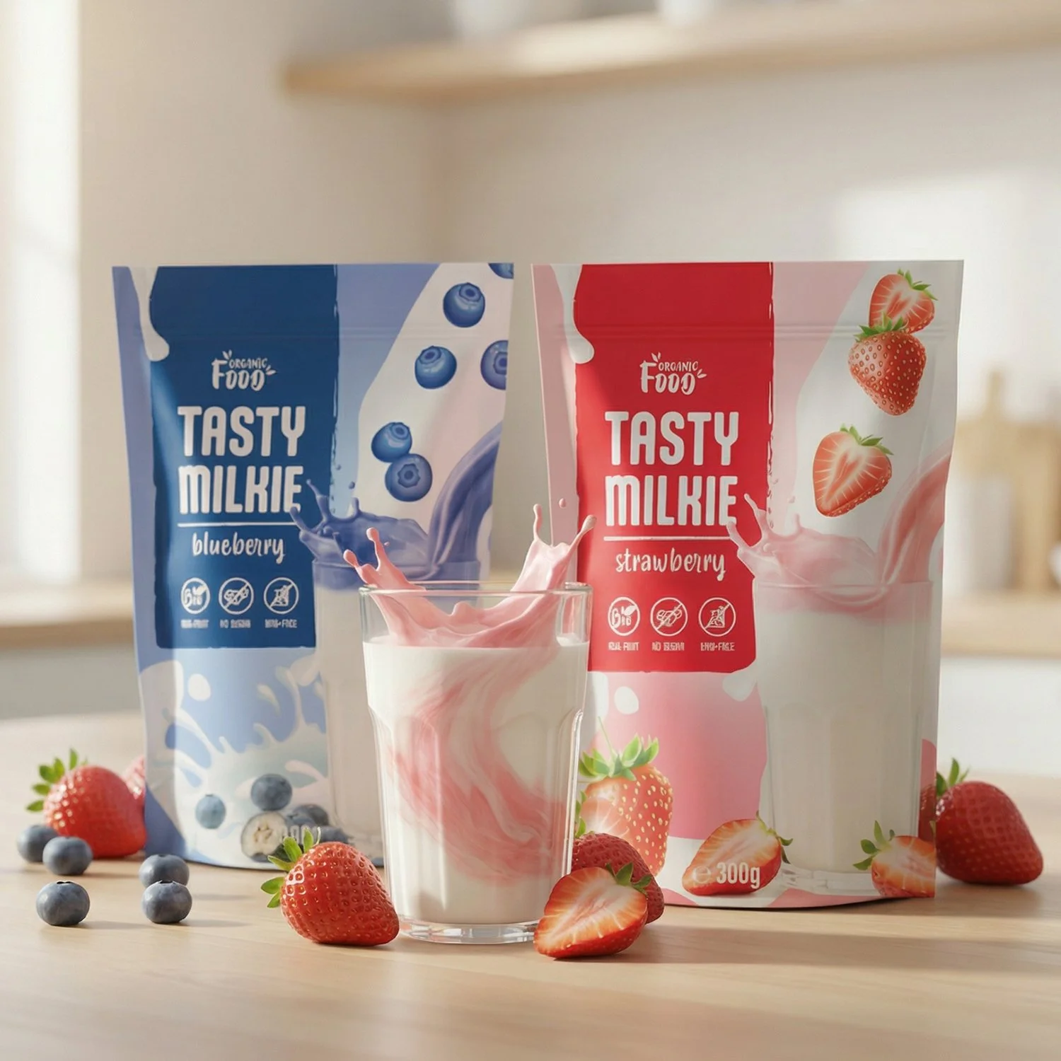 Verpackung für Milchpulver in Erdbeere und Heidelbeere