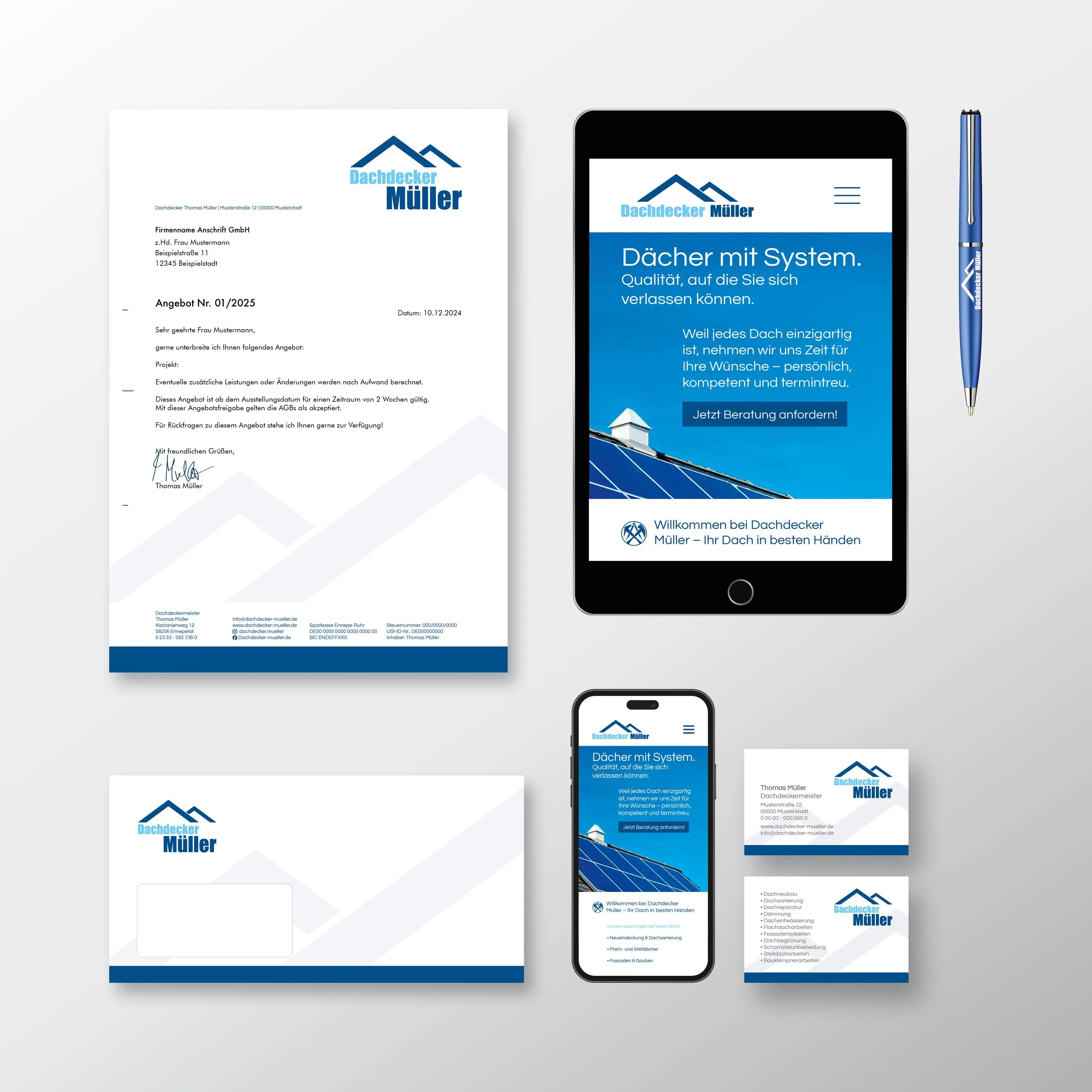 Corporate Design umgesetzt auf Briefpapier, Visitenkarte, Kugelschreiber sowie als digitale Ansicht auf Tablet und Smartphone – für ein einheitliches Erscheinungsbild