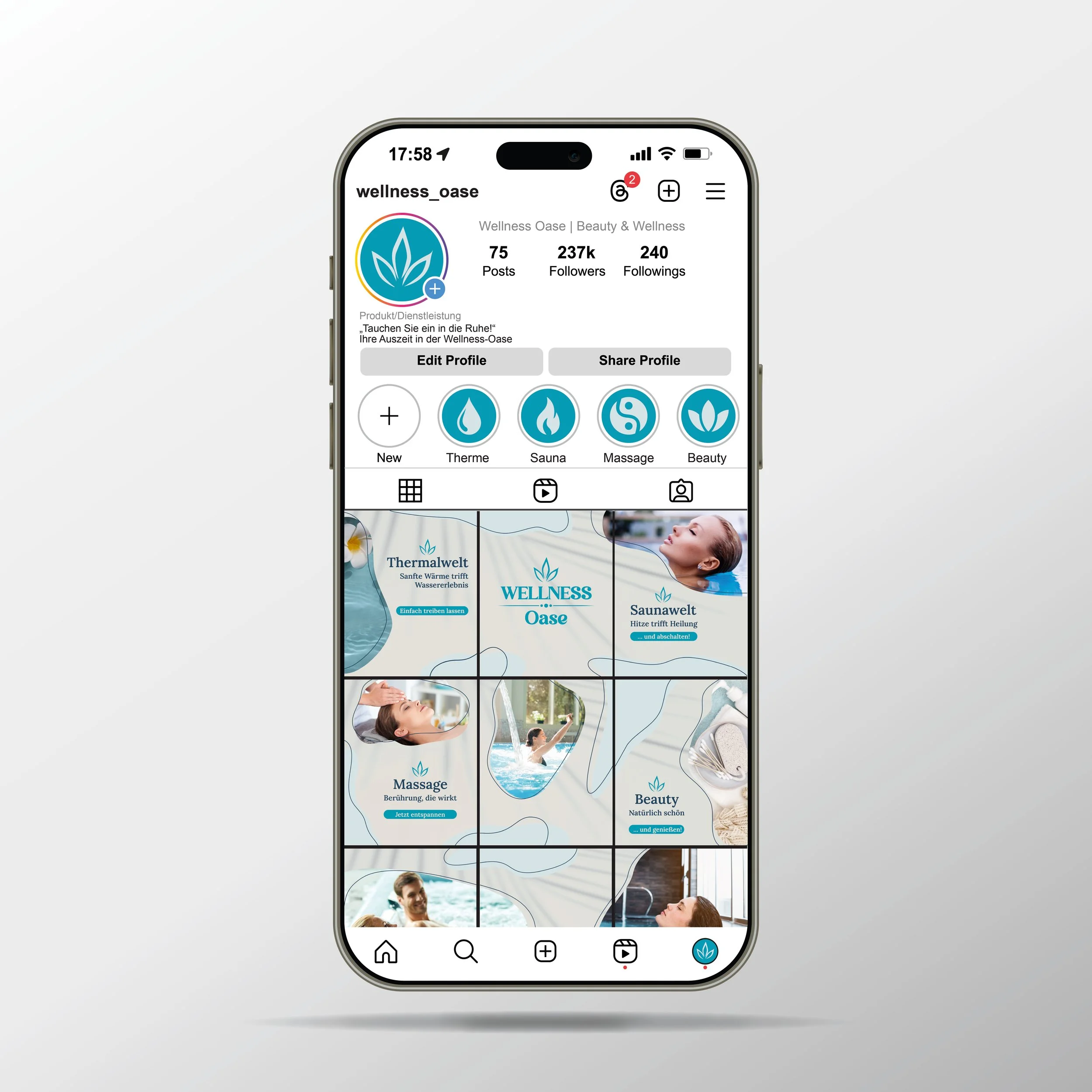 Instagram-Grid im Corporate Design der Wellness-Oase – harmonisch gestalteter Feed für einheitliche Markenkommunikation in sozialen Medien