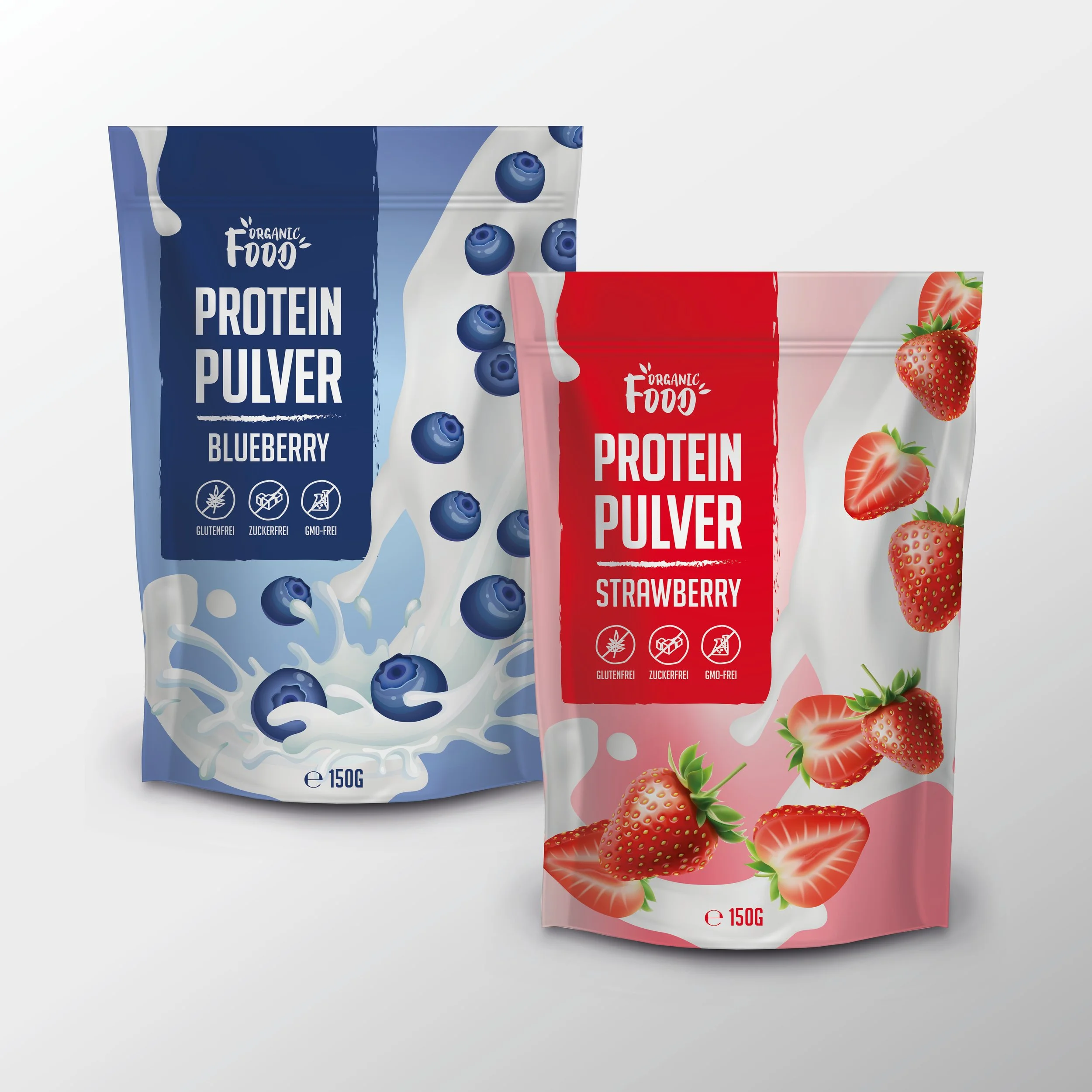 Verpackungsdesign für Proteinpulver in den Sorten Erdbeere und Blaubeere der Marke Organic Food – modernes, aufmerksamkeitsstarkes Design für den Lebensmitteleinzelhandel