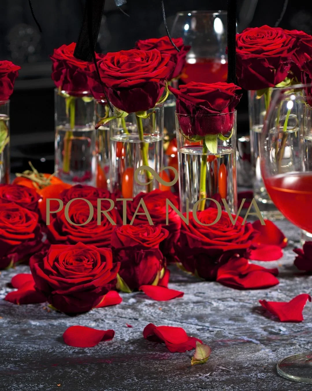 Red roses with Porta Nova Logo 