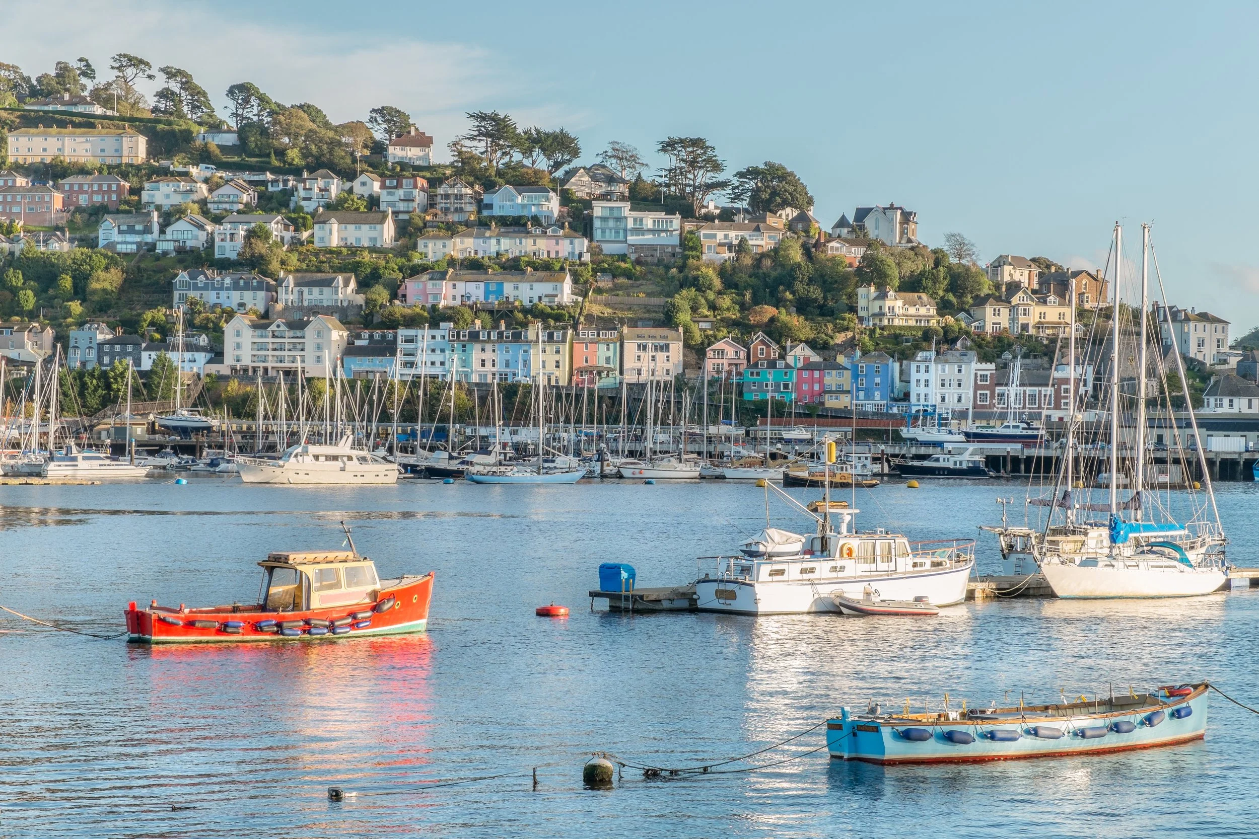 Colorful houses on a hillside overlooking a marina with sailboats and small boats on the water.