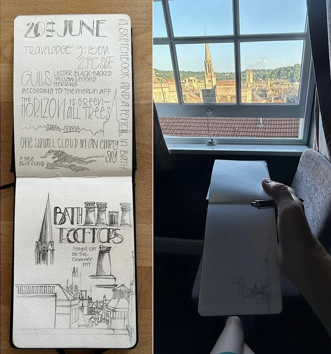 Sitting in my warm hotel room in Bath (you know the cheap hotel chain I&rsquo;m sure, where aircon is something to dream of!) not knowing anyone to have an evening drink with, I sat with my trusty pencil and sketchbook, listening to the sounds and cr