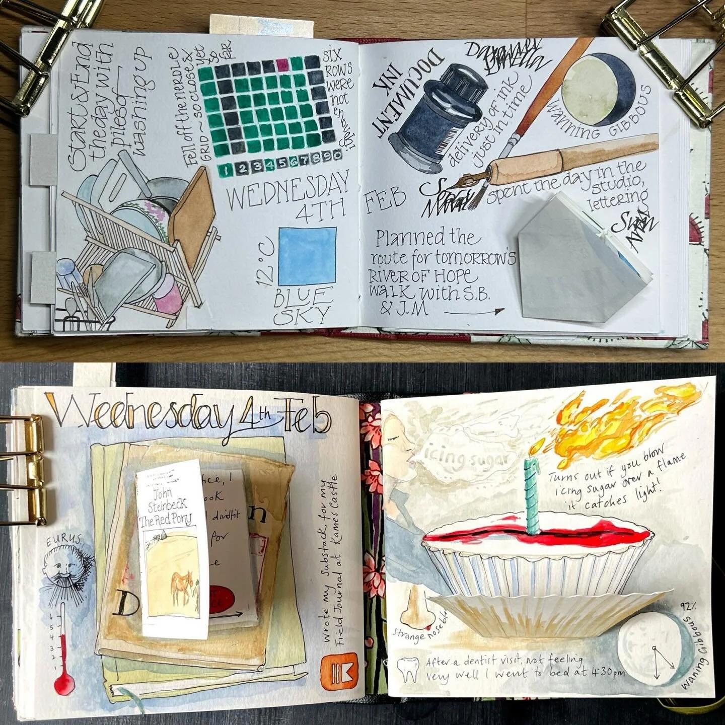 Another week passes and we&rsquo;re in February.
This week Ruth certainly felt the cold while I basked in 12&deg;C and blue skies.
It seems neither of us is content any longer with just drawing and painting our days, we have to add a book or pop up m