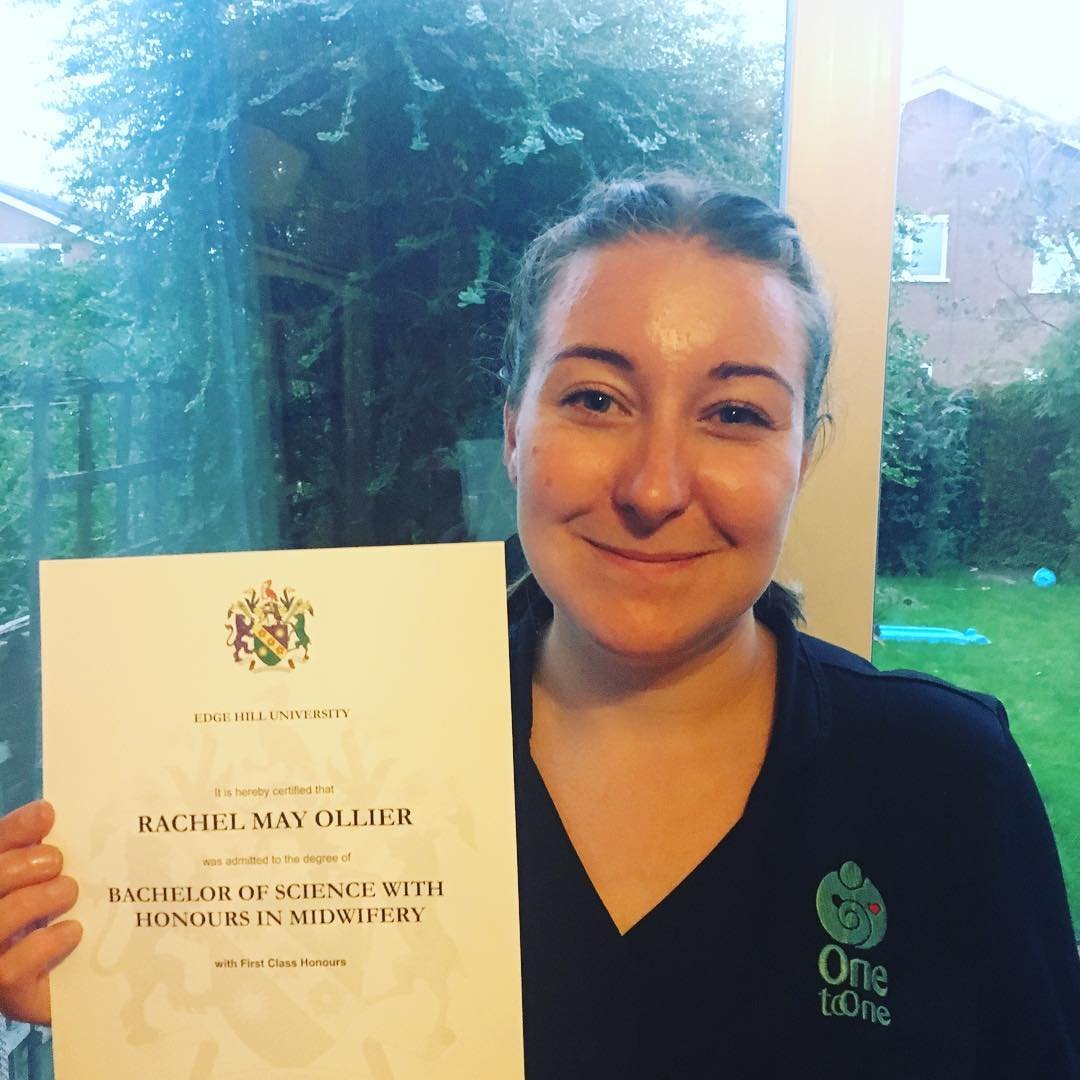 Woman smiling holding a certificate from Edge Hill University for Rachel May Ollier for a Bachelor of Science with Honours in Midwifery.