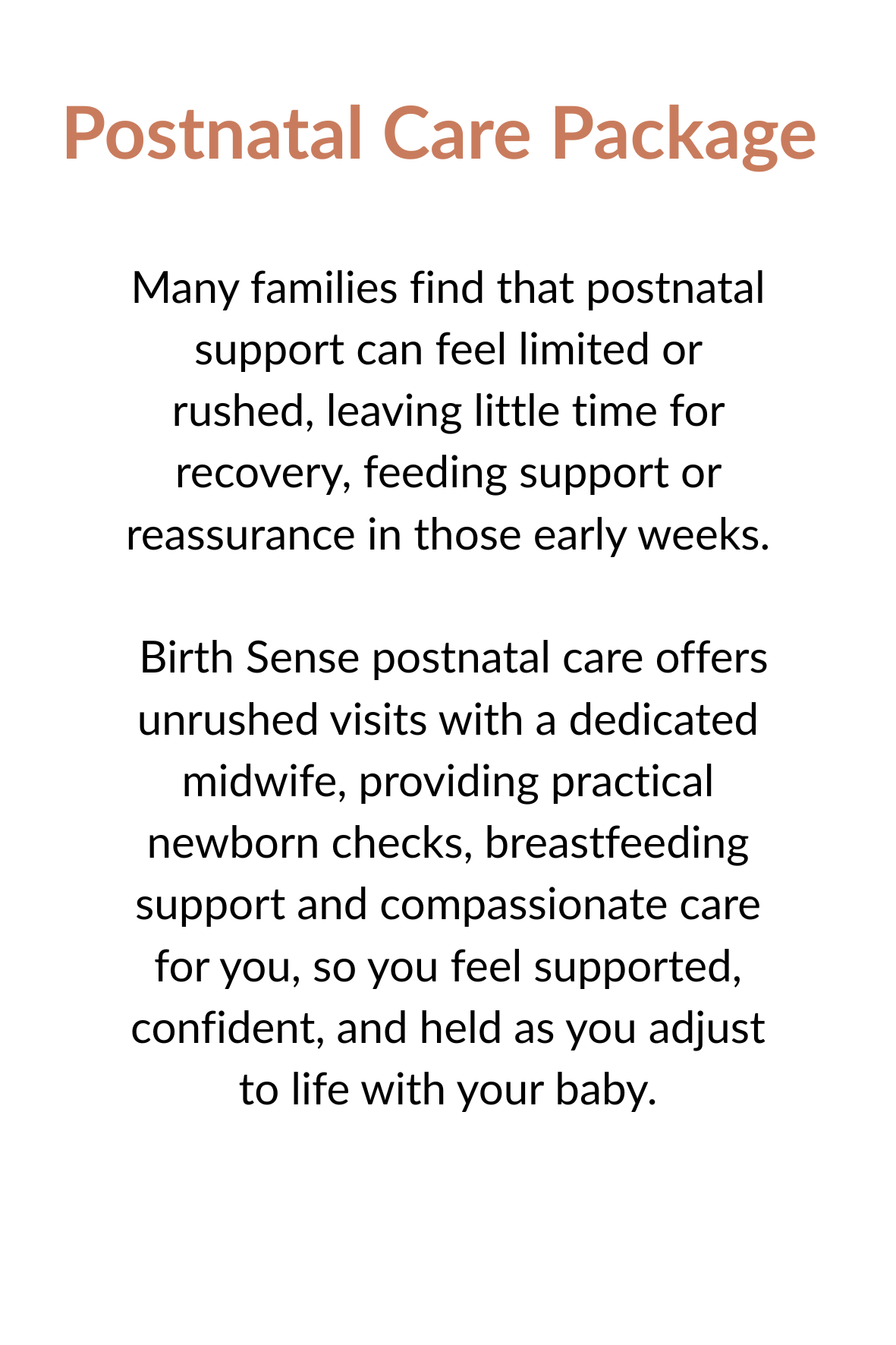Text explaining postpartum care packages, including support for early recovery, breastfeeding or bottle feeding, and midwife visits, newborn health checks.
