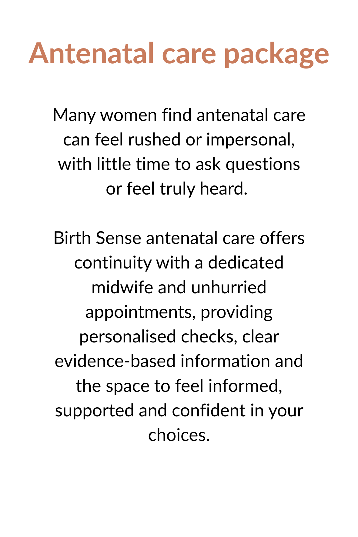 Text about antenatal care packages, emphasising personalised and continuous care from a private midwife for pregnant women.
