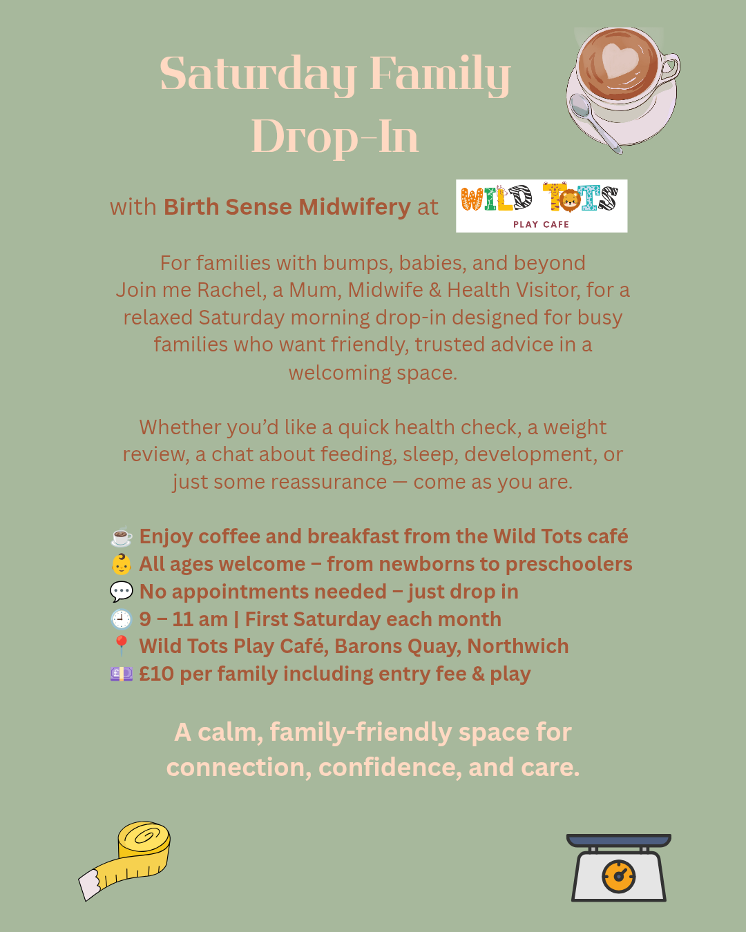 community midwifery and health visitor led playgroup at weekends to support working families and older siblings free play with entry fee