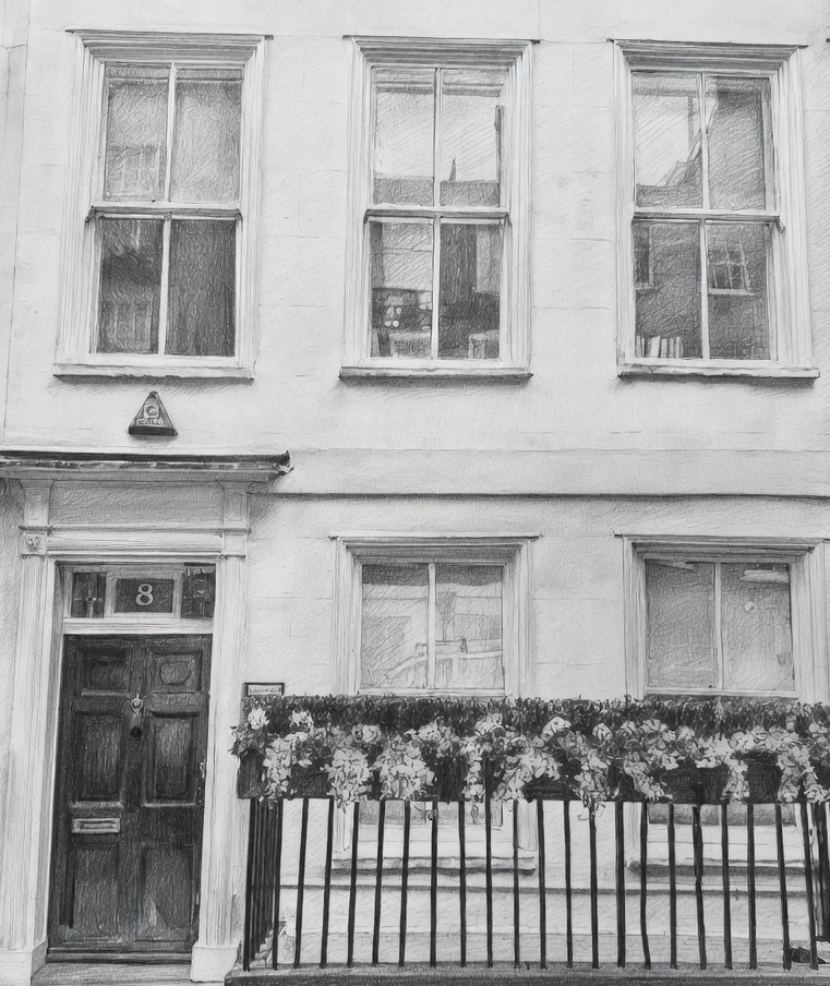 Black and white photo of a townhouse with six windows, a door with the number 8, a triangular house number plaque, and a fence with floral decorations in front.