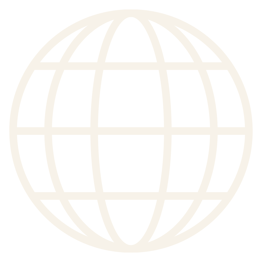 A white globe icon with grid lines on a black background.