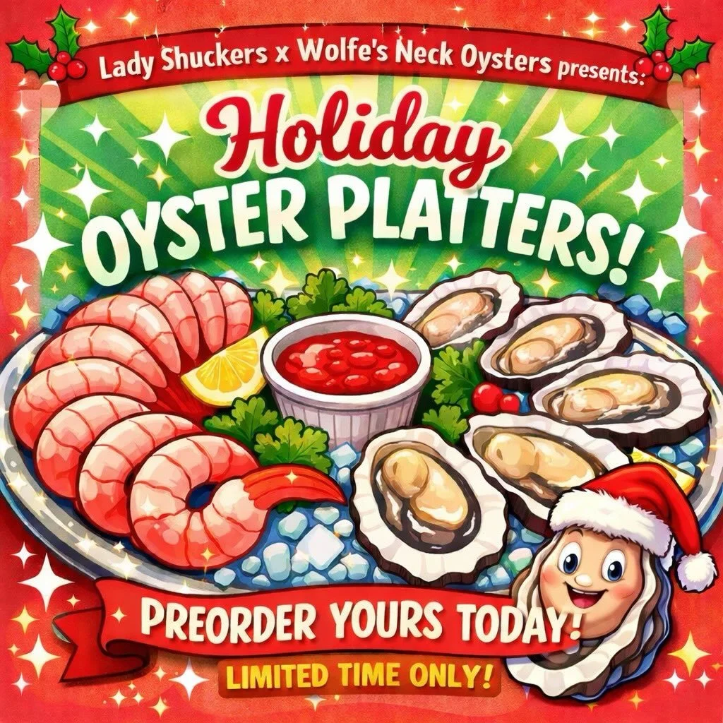 LINK IN BIO TO ORDER PRESHUCKED OYSTER PLATTERS XO 🚨🎅🦪

This year, we&rsquo;re partnering with @wolfeneckoysters ❤️🐺 to offer you a deliciously briny oyster with a sweet finish 💦 add some shrimp with our homemade cocktail sauce and it&rsquo;s a 