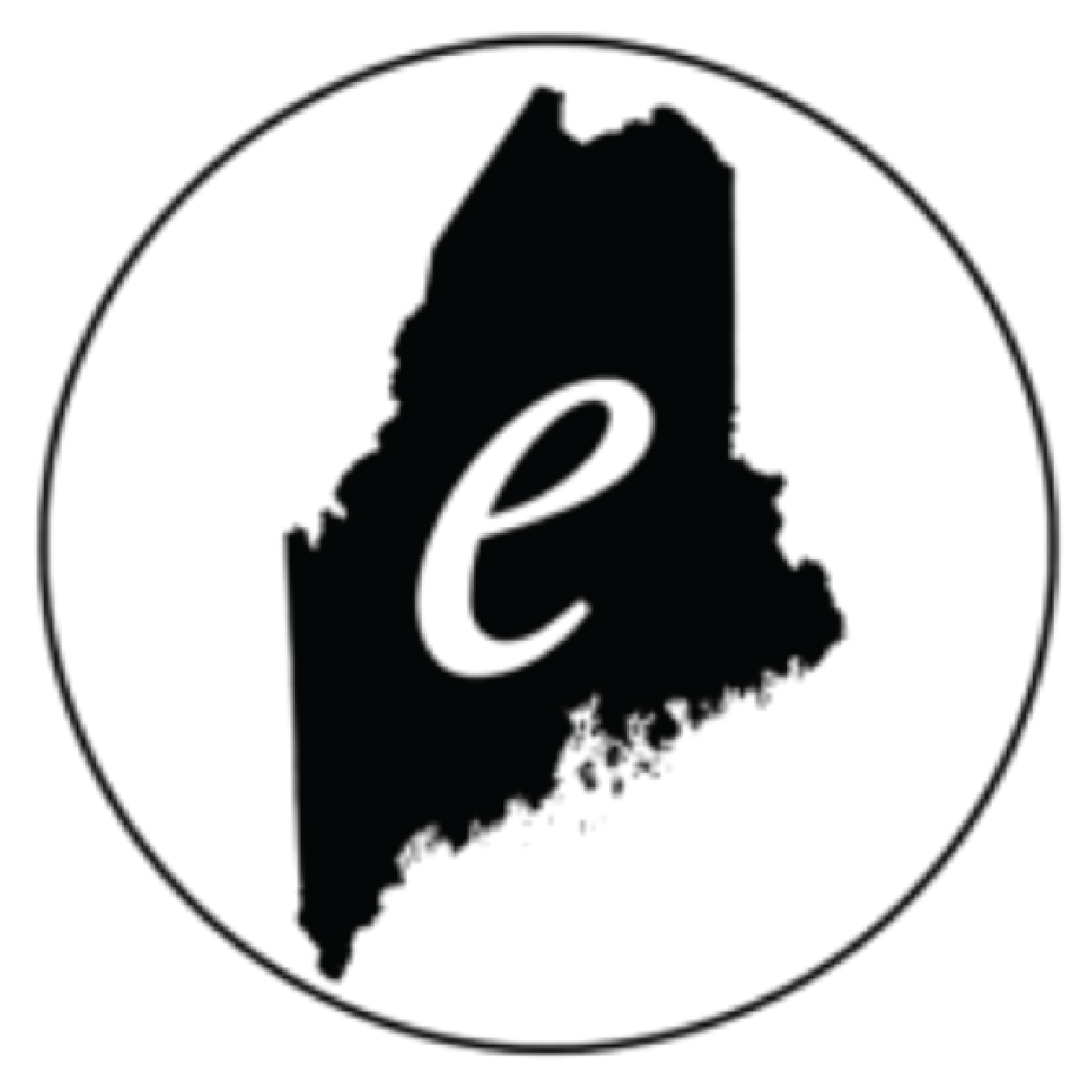 Logo with the silhouette of Maine and a lowercase 'e' inside, encircled by a thin line.