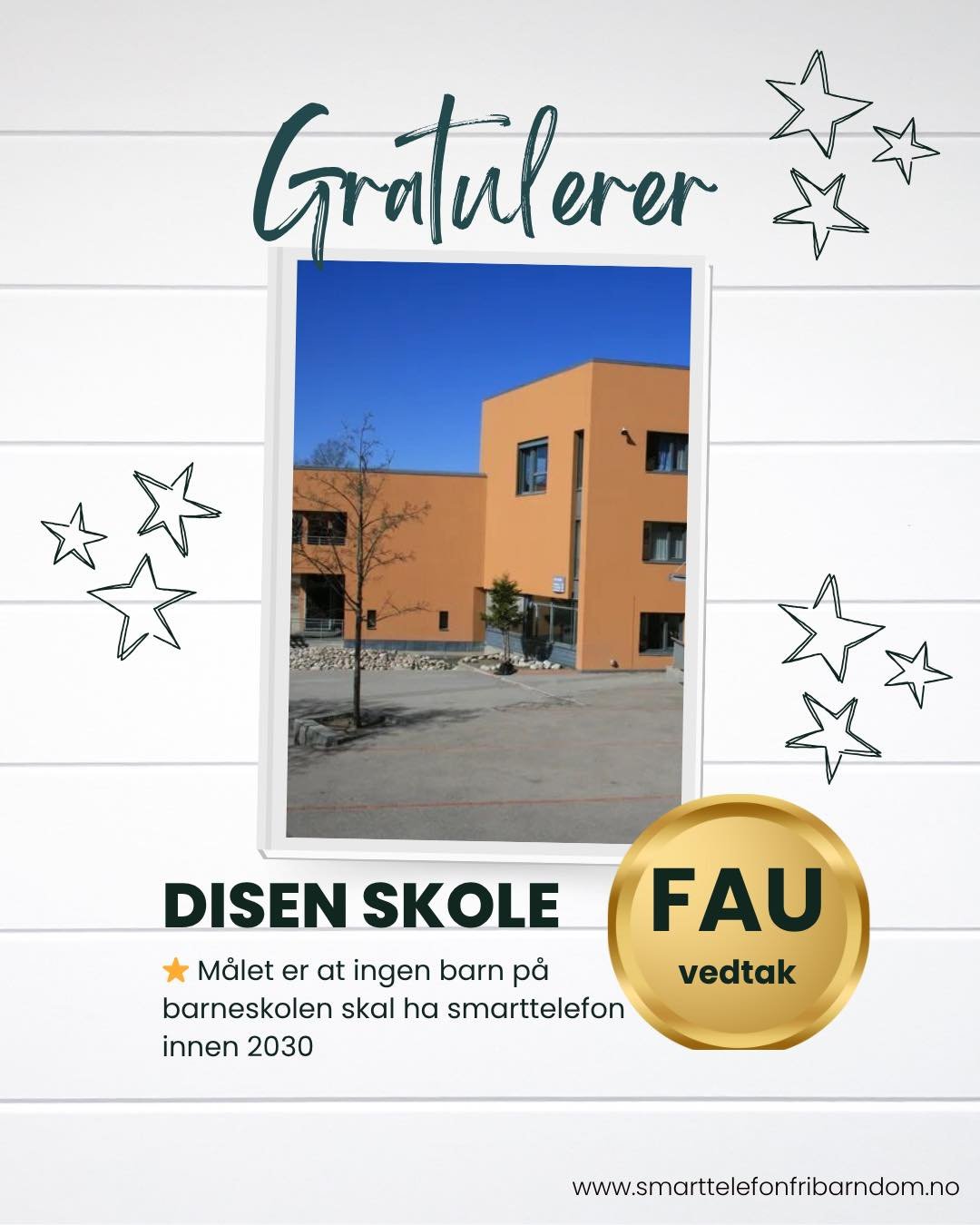 🎉 Gratulerer til Disen skole! 

💪🏻 FAU har fattet vedtak om at de st&oslash;tter visjonen om en smarttelefonfri barneskoletid! Ekstra g&oslash;y at foreldregruppen p&aring; 3. trinn er med og at de derfor h&aring;per &aring; n&aring; m&aring;let a