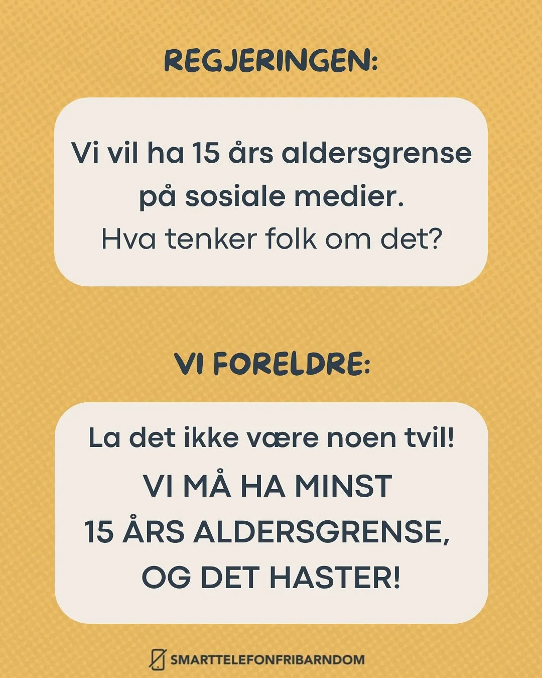 Regjeringen spurte og vi foreldre svarte! 📢📢
Vil vi ha barna v&aring;re p&aring; sosiale medier? 

En stor takk til alle som engasjerte seg, sendte h&oslash;ringssvar og delte budskapet❤️

Vi spurte chatGPT&nbsp;hvor mange h&oslash;ringssvar det er