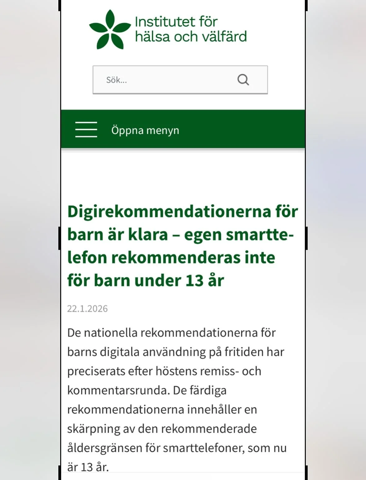 S&aring; var det Finlands tur. Institutt for helse og velferd har n&aring; lagt frem nye nasjonale skjermr&aring;d, p&aring; lik linje med de Norge fikk 8. januar i &aring;r.

Budskapet er ikke pakket inn, det er krystallklart: 

B A R N  U N D E R  