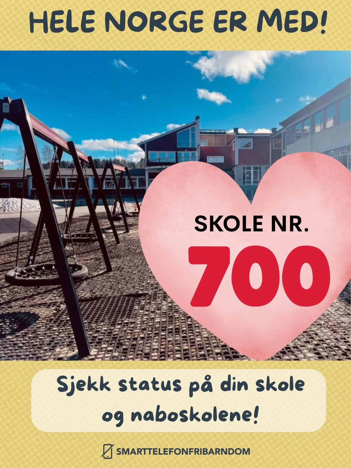 🙌🏼 Tro det eller ei! 
Sammen har vi passert en STOR milep&aelig;l🏆
P&aring; bare ett &aring;r har 700 barneskoler i Norge bekreftet at de har foreldresamarbeid knyttet til Smarttelefonfri barndom. N&aring; er over 200.000 barn ber&oslash;rt av den