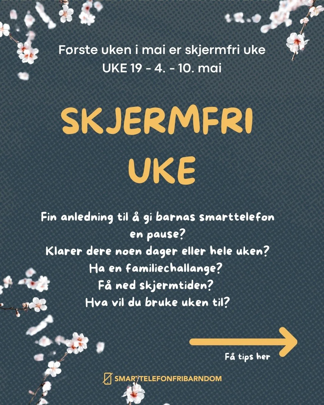 4.&ndash;10. mai er det skjermfri uke 📵 

Blir dere med?

✨ 3 av 10 sier de &oslash;nsker &aring; bruke mindre tid p&aring; telefonen. Skjermfri uke er en fin anledning til &aring; stoppe opp og gj&oslash;re sm&aring; grep i hverdagen. 

Har barnet 