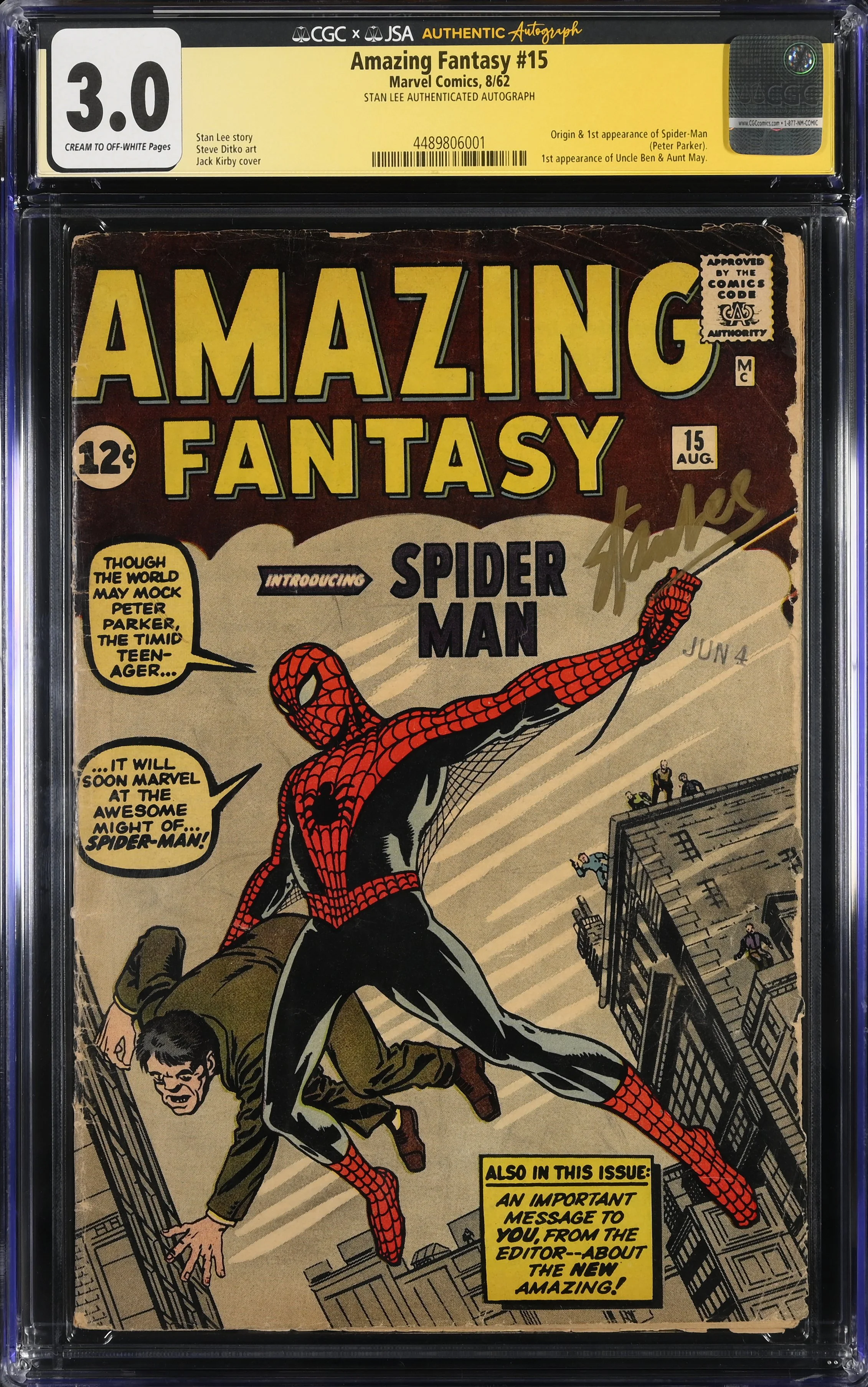 Amazing Fantasy #15 (1962) — First Appearance Of Spider-Man Signed by Stan Lee. CGC 3.0 Signature Series