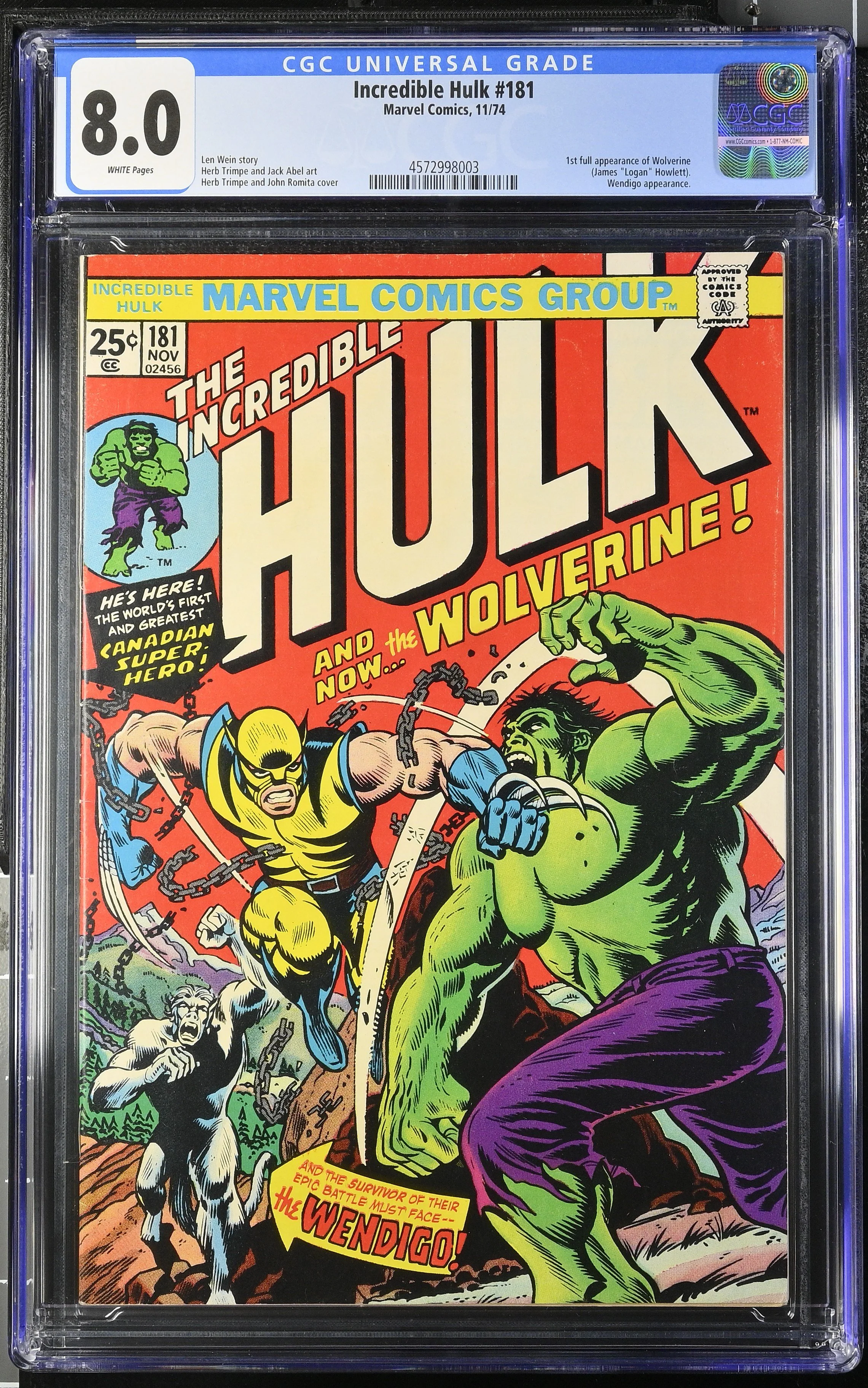 Incredible Hulk #181 (1974) — First Appearance of Wolverine. CGC 8.0 Universal