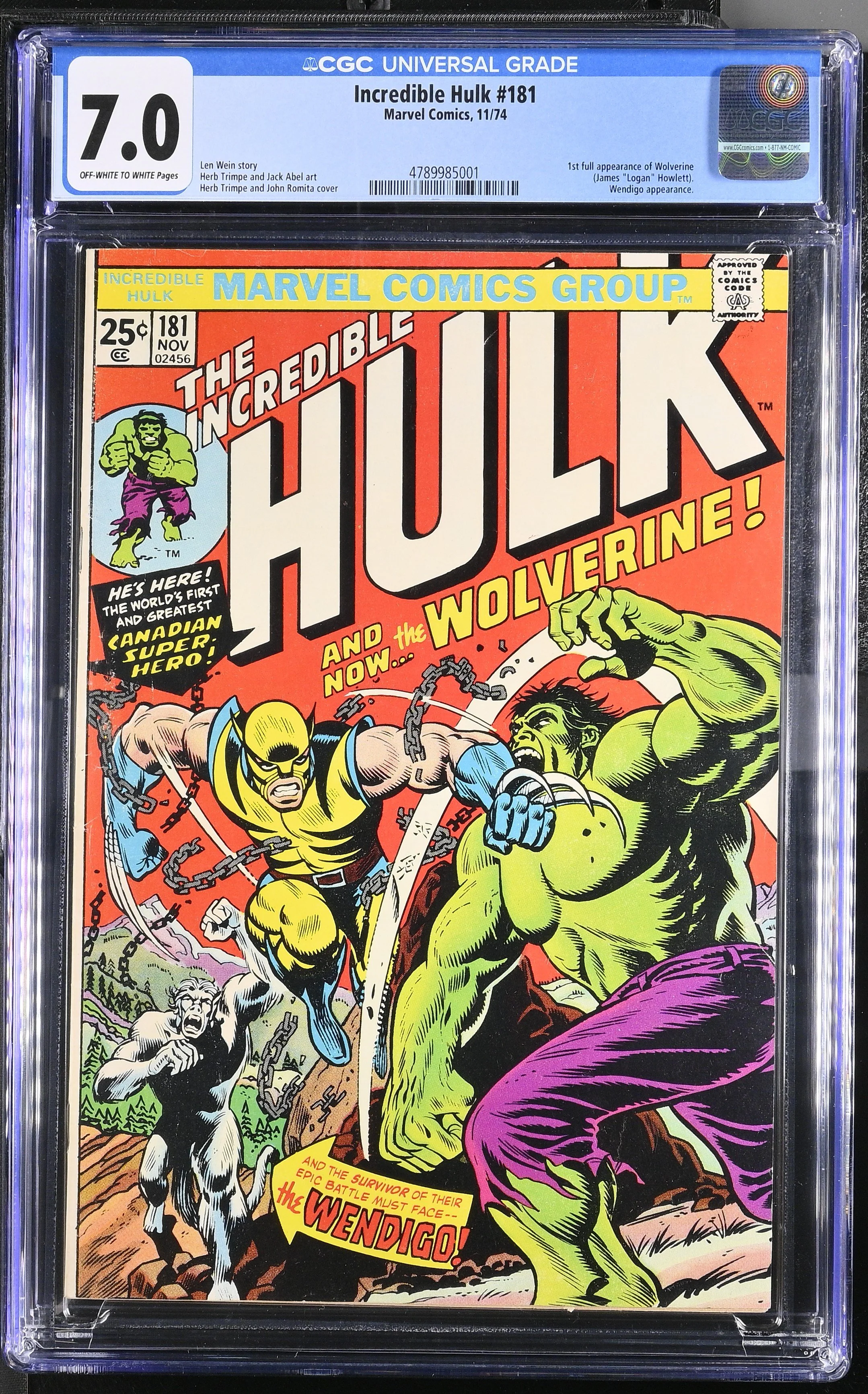 Incredible Hulk #181 (1974) — First Appearance of Wolverine. CGC 7.0 Universal