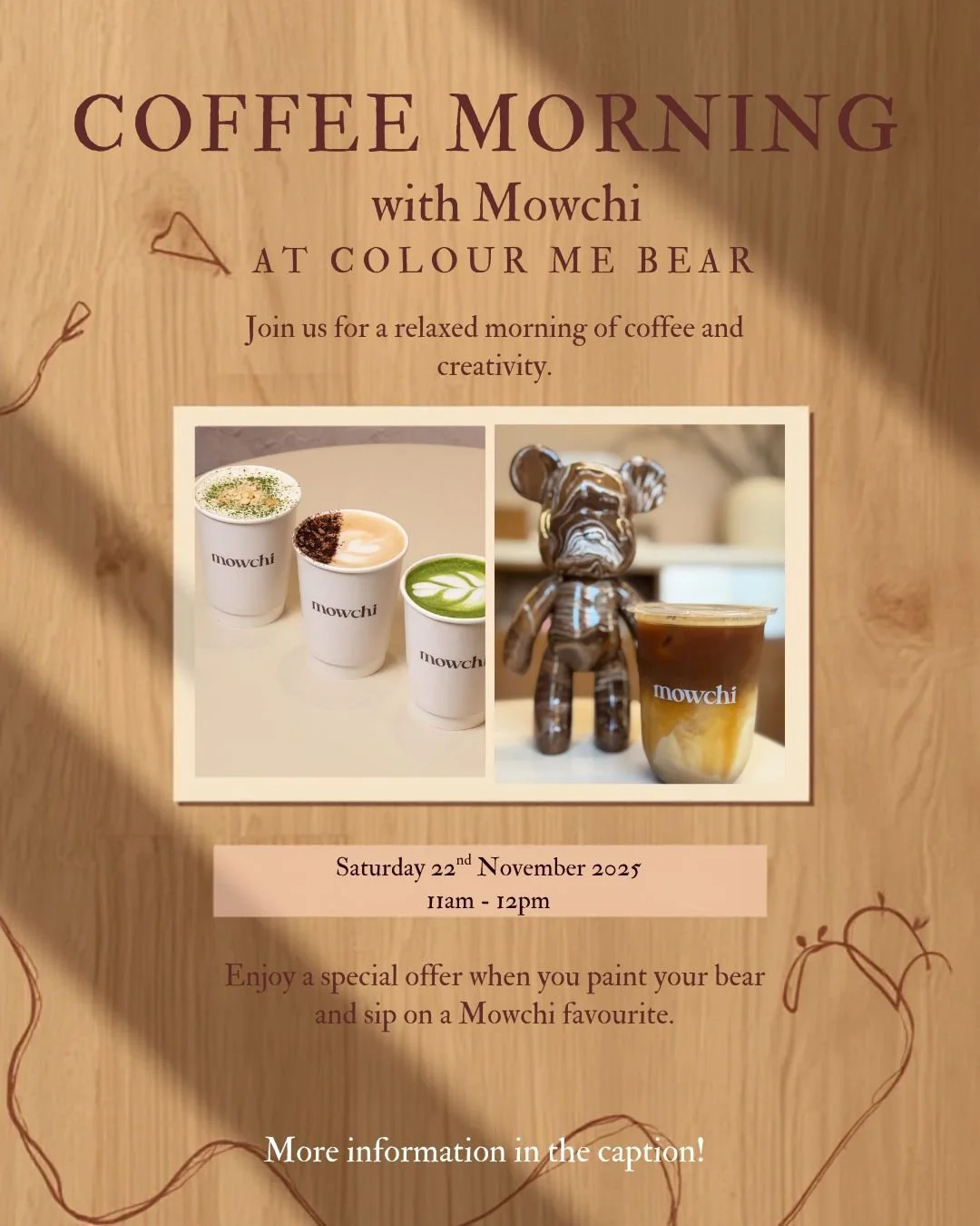 A flyer with bear and coffees explaining the details of having coffee at Colour Me Bear