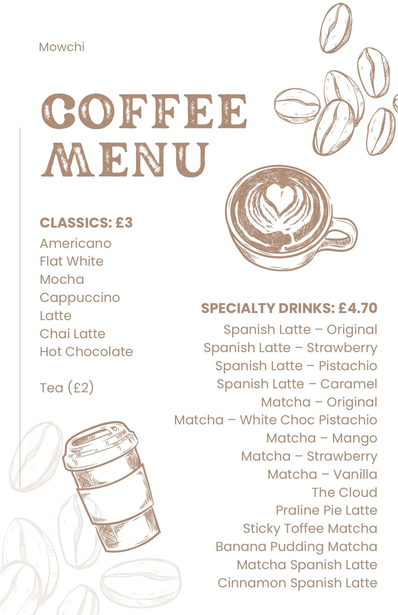Coffee menu
