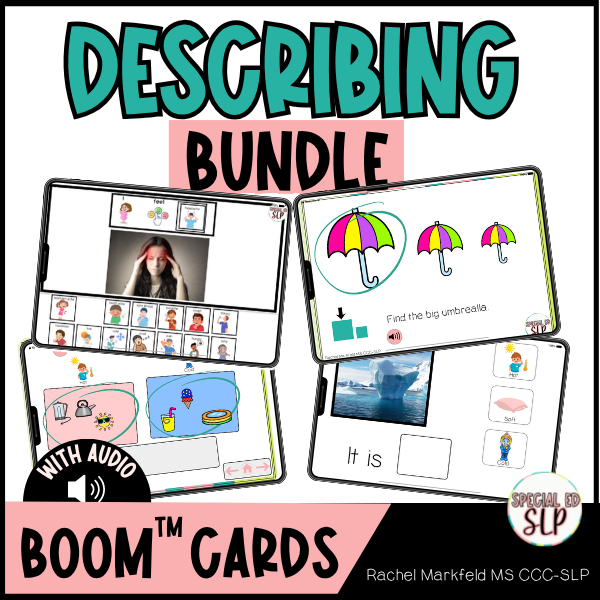 Descriptive Concepts Speech Therapy Carrier Phrases Flashcards Boom™ Cards for Special Education and autism. Build describing, comparing, categorizing, feelings, illness, feeling sick and sentence formulation skills/carrier phrases with this speech t