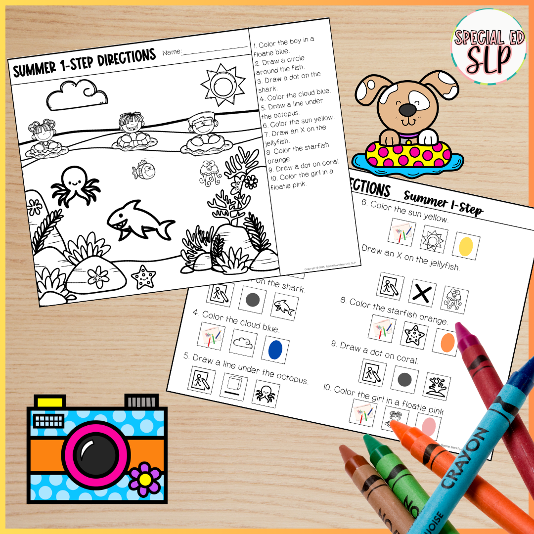 Worksheets for speech therapy using listening comprehension. For children with autism and AAC devices. Using visuals for listening. Summer themed worksheet activities for speech therapy. Following directions and listening comprehension with visuals.