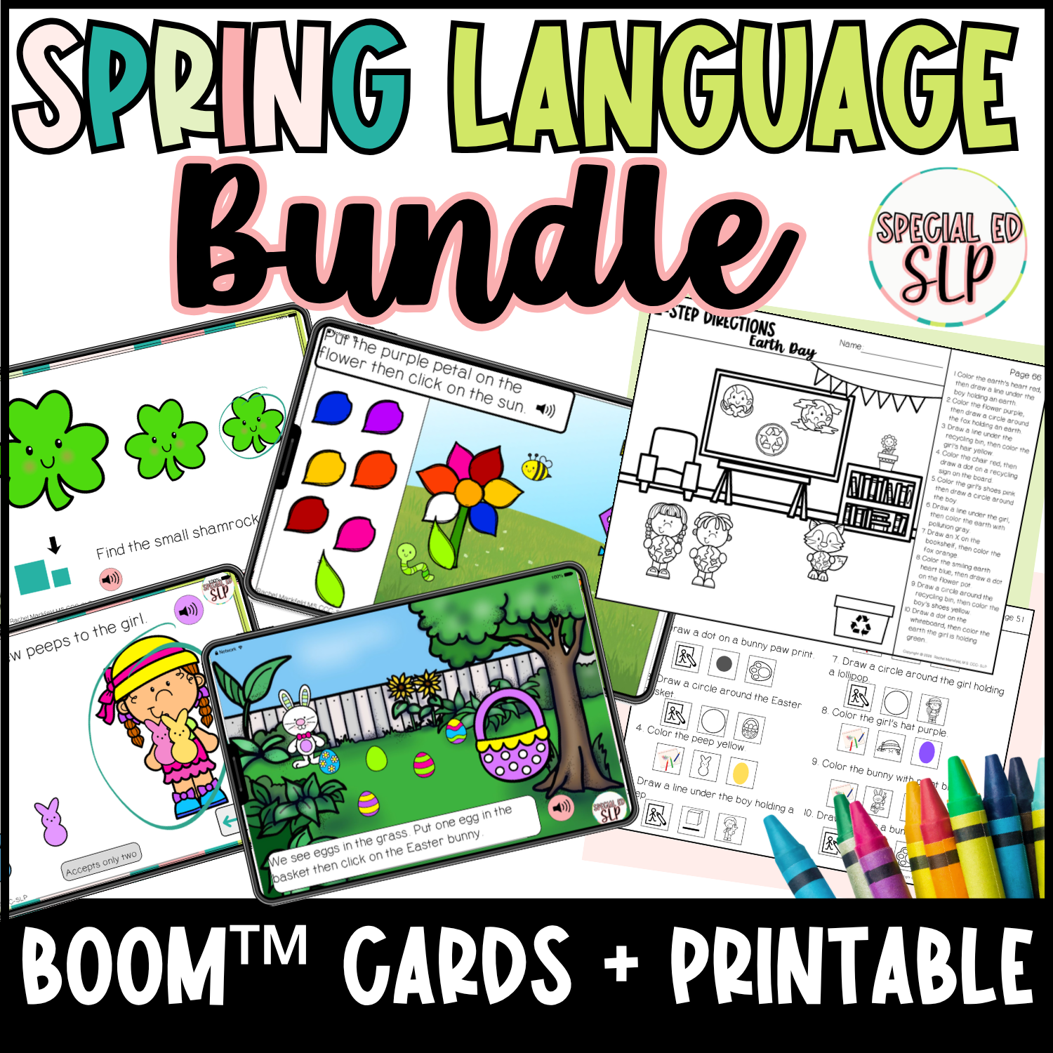 Spring Theme Speech Early Language Concepts Boom™ Cards and Printable Bundle. This speech therapy Spring Language Concepts Mega Bundle with Earth Day, Easter, and St. Patrick's Day themes gives language practice with this Boom™ Cards and speech thera