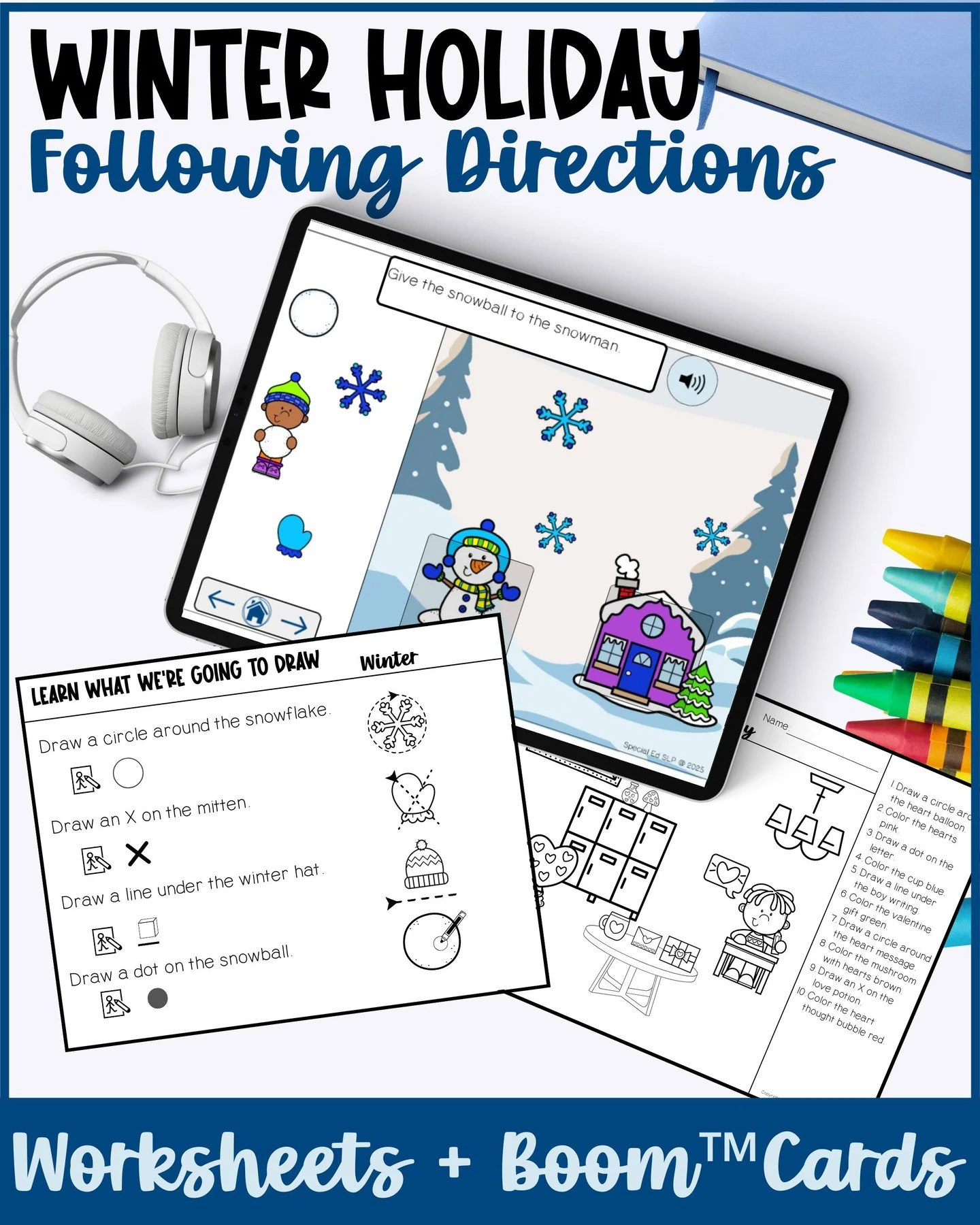 This winter holiday following directions bundle was created for students who need clear visuals, reduced language load, and predictable structure to succeed. The printable worksheets and coloring pages pair perfectly with the Boom&trade; Cards so you