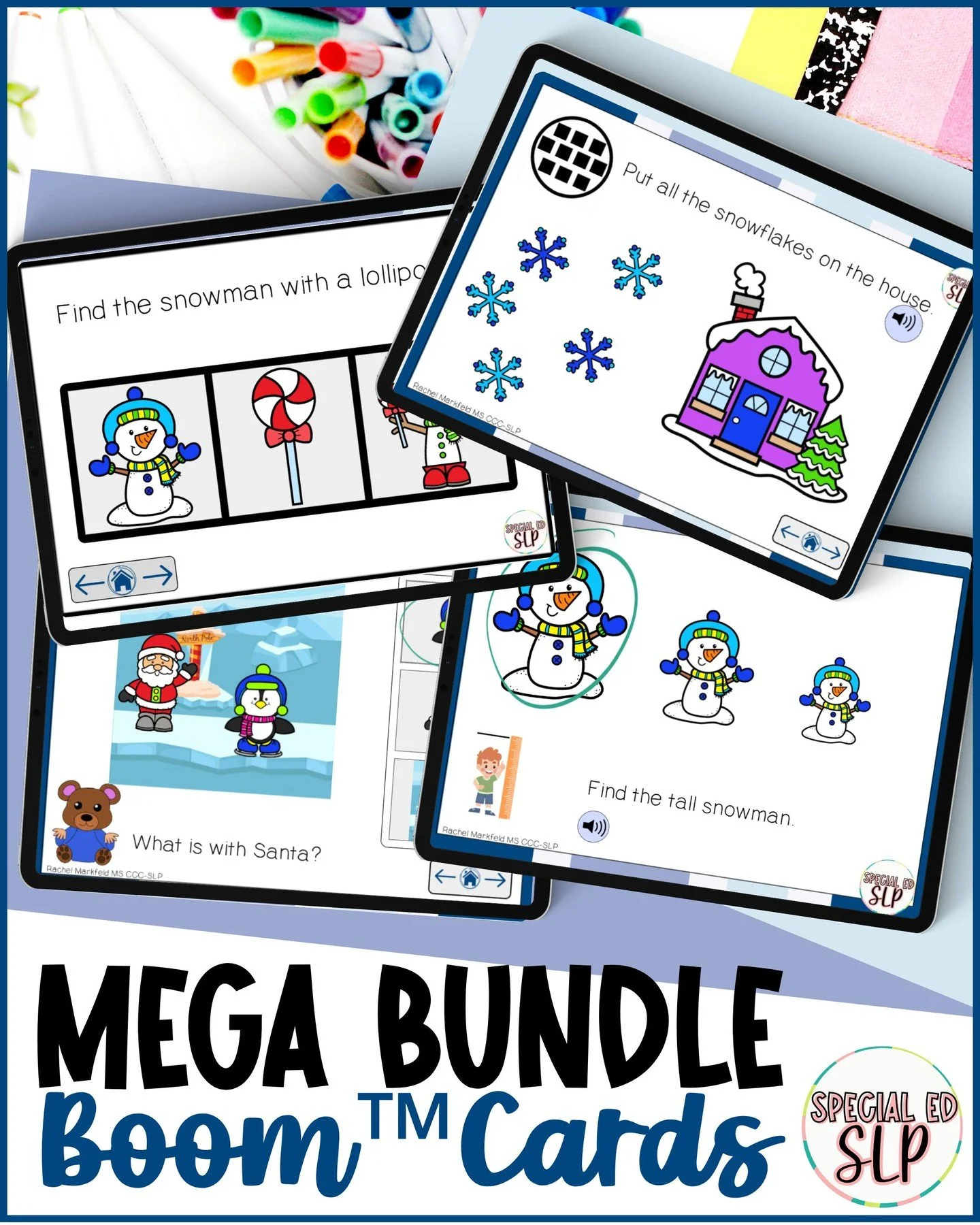 One bundle. Multiple goals. Less planning.
This Mega Winter Boom&trade; Cards bundle covers following directions, WH questions, prepositions, vocabulary, quantity concepts, and size concepts. Designed for speech therapy, special education, autism sup