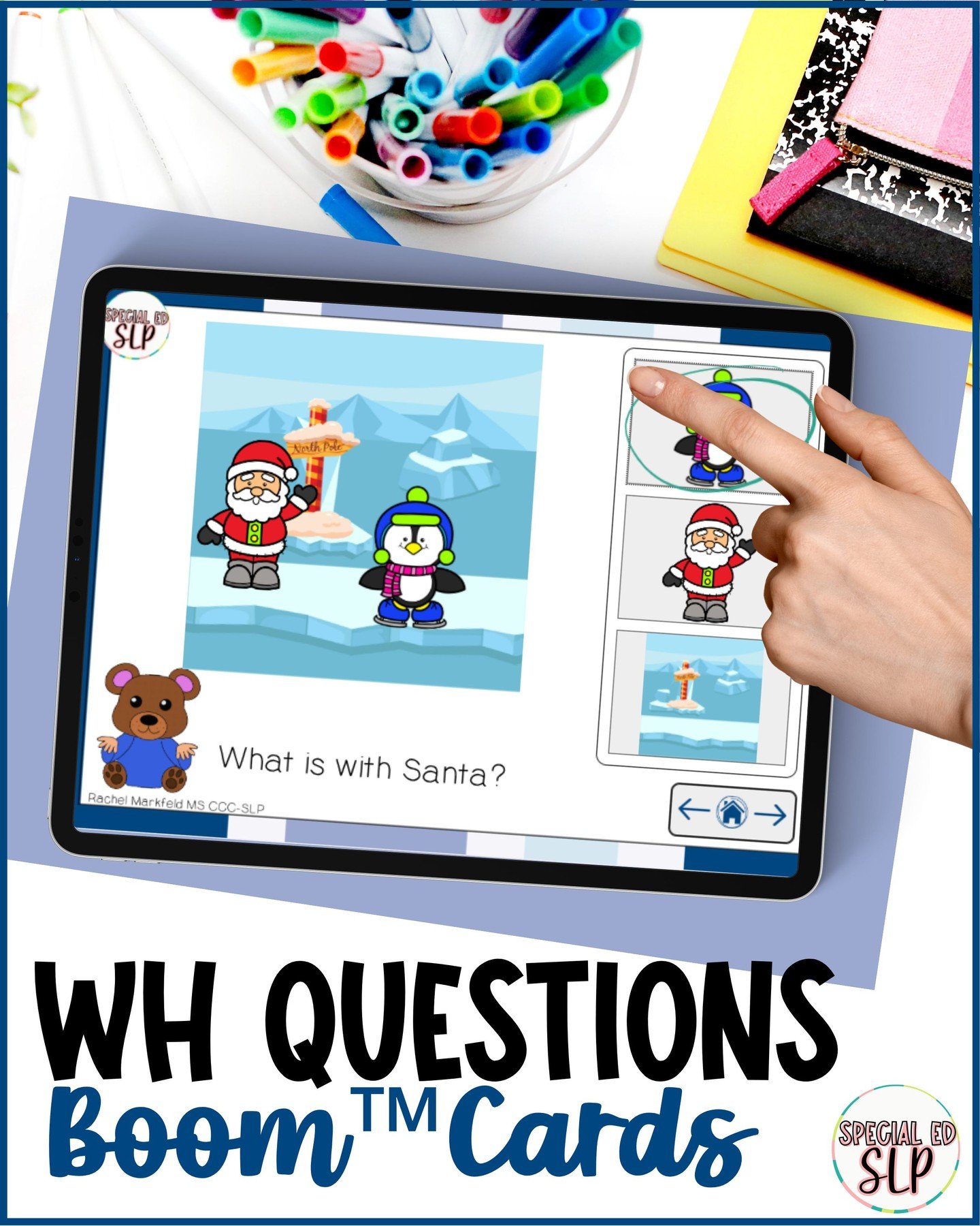 WH questions are easier when visuals do the heavy lifting.
This winter themed Boom&trade; Cards deck supports who, what, where, and more using visual supports that reduce language load. Ideal for speech therapy, special education, autism classrooms, 
