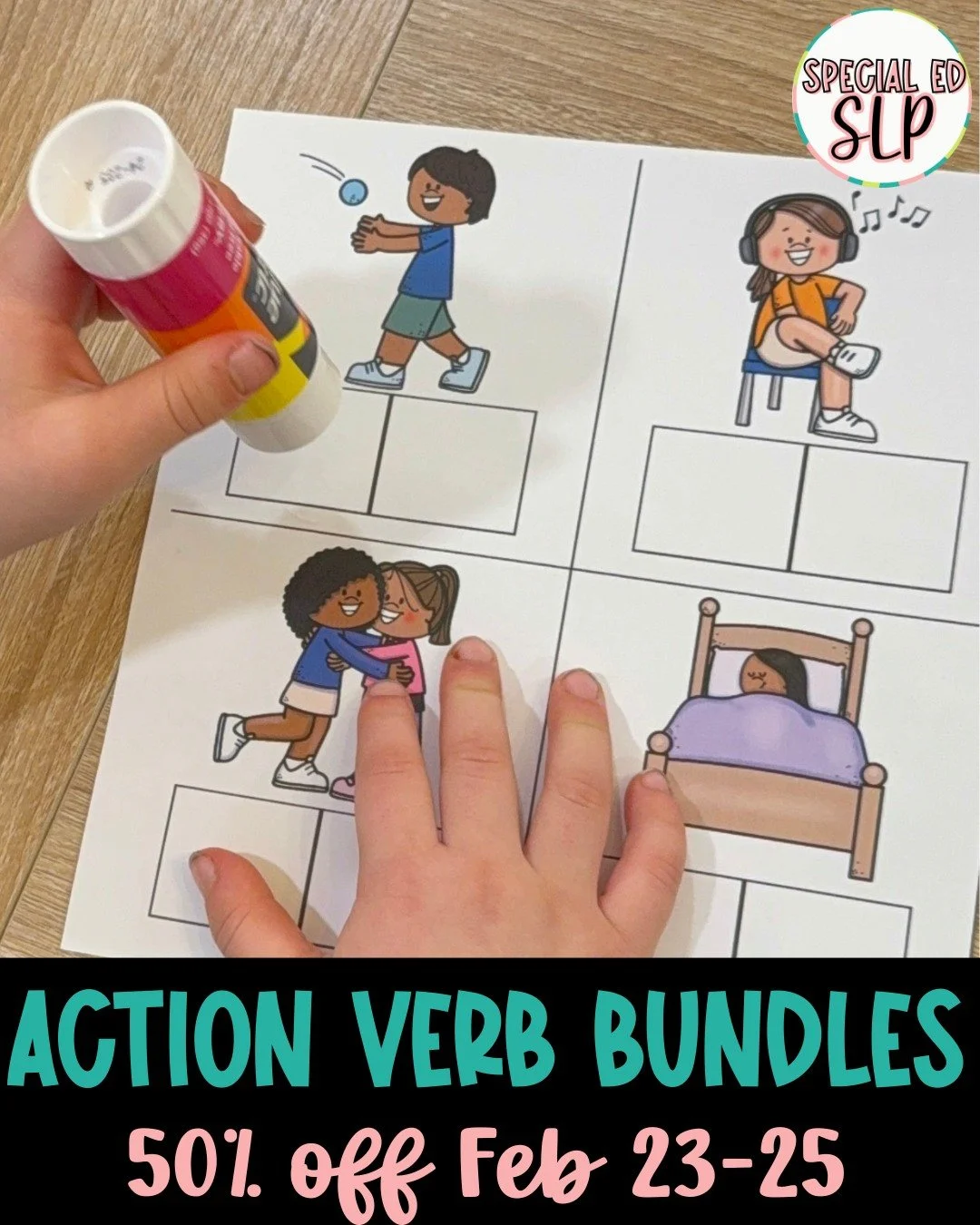 🚨 BIG SALE ALERT 🚨

From February 23&ndash;25, all of my verb and sentence building bundles in my TpT store are 50% OFF 🎉

That means you can grab
✔ Animated verb Boom&trade; Cards
✔ Verb labeling + verb identification
✔ Noun + verb sentence build