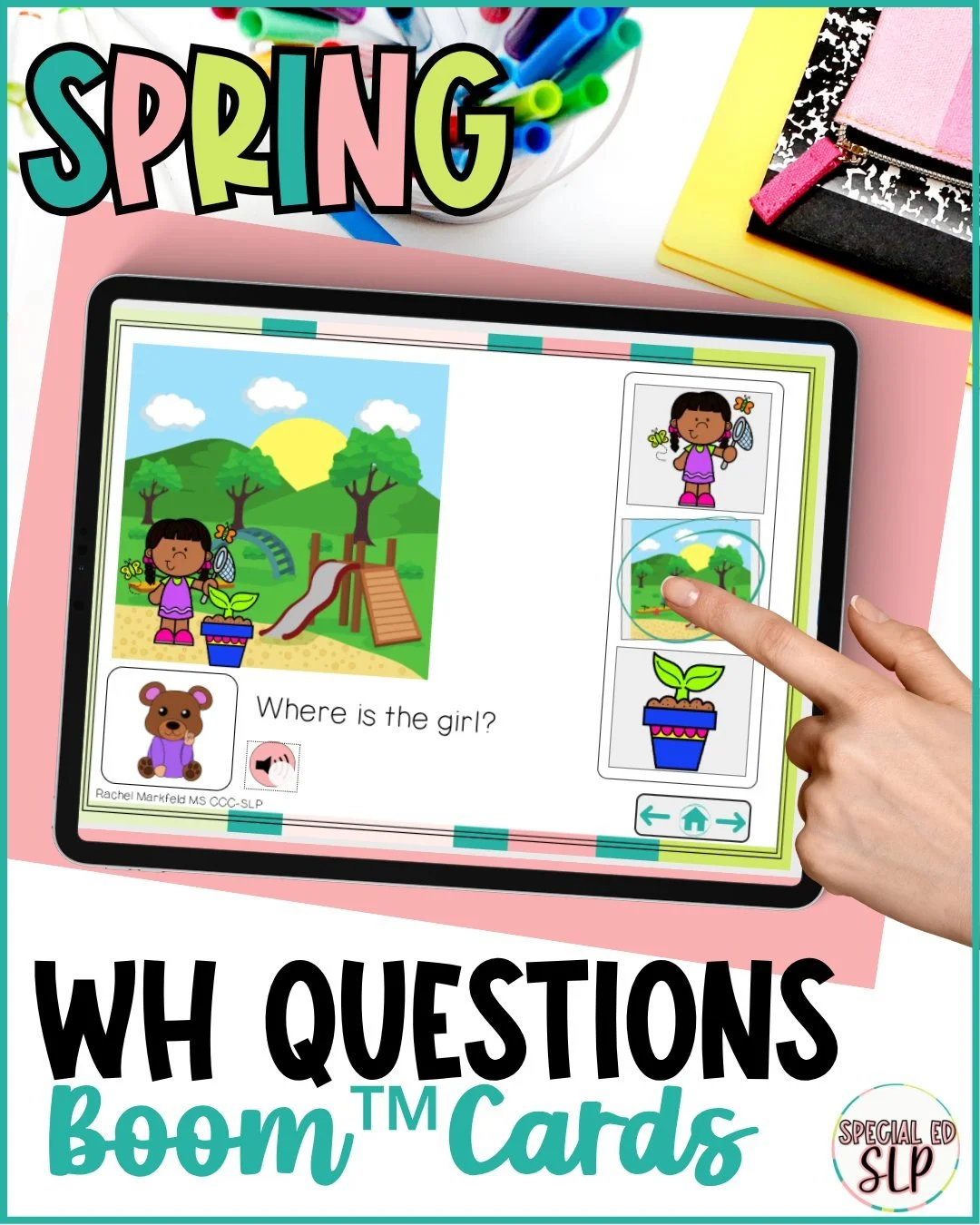 WH questions are where so many students get stuck&hellip;

They guess
They repeat the question
Or they don&rsquo;t respond at all

It&rsquo;s not that they can&rsquo;t answer
They just need clearer support

This Spring WH Questions Boom&trade; Cards 