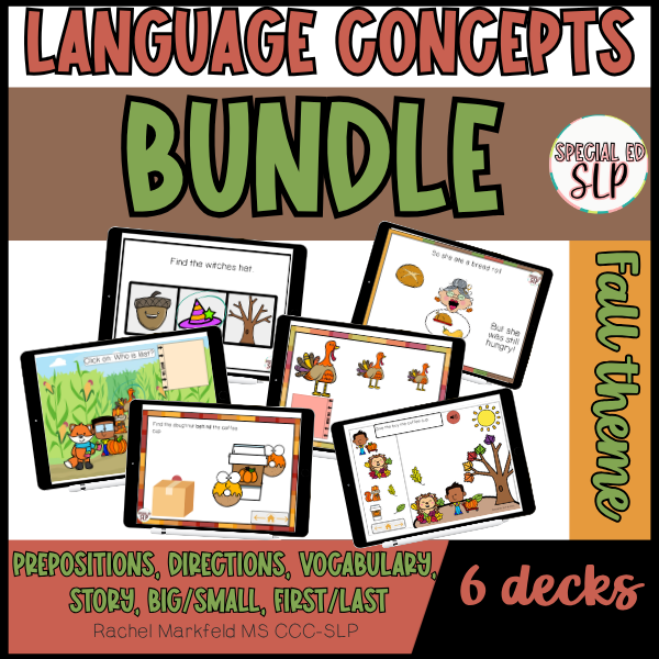 Receptive Language Concepts Fall Theme Bundle Boom Cards for Speech Therapy. Looking for fall speech therapy activities and language concepts Boom™ Cards for autism and special education? This no prep digital bundle targets receptive and expressive l