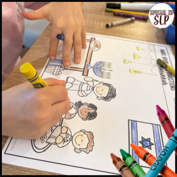 Children coloring in a Hanukkah picture related to following directions
