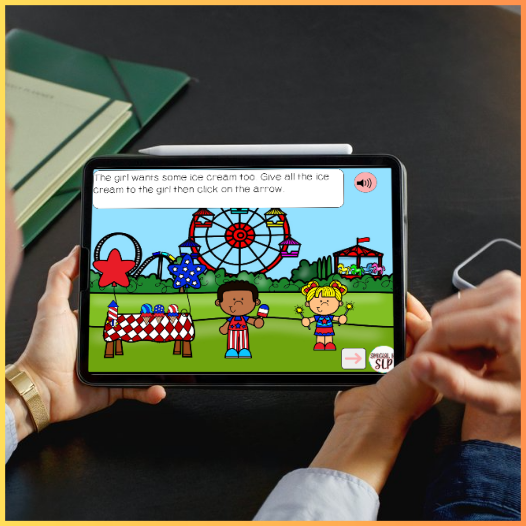 Boom cards for speech therapy using stories to embed language concepts such as descriptions, prepositions, 4th of July, independence day, and quantitative concepts.