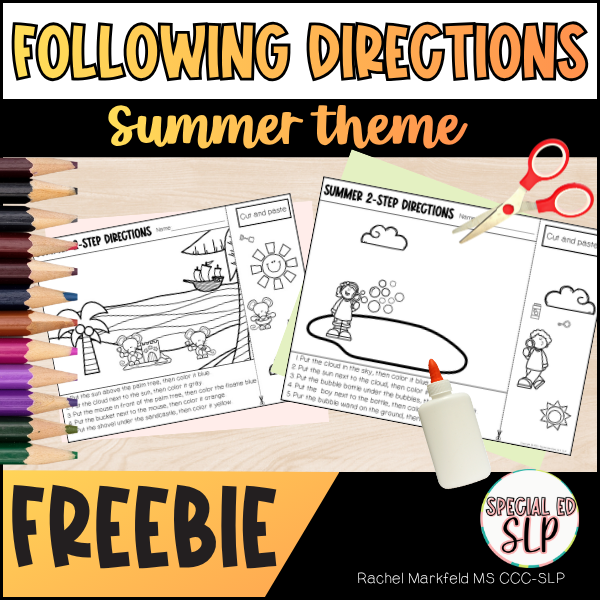 Free following direction worksheet activities summer theme for speech therapy. Listening comprehension. Following one step directions and following 2 step directions.