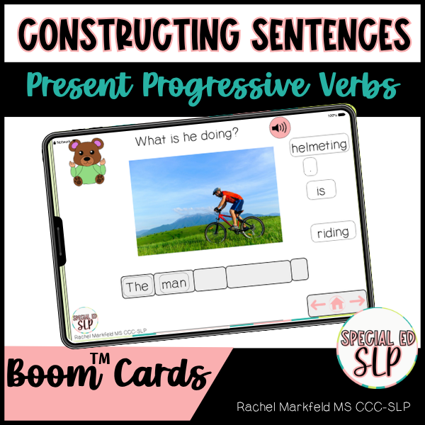 Present Progressive Verbs Speech Therapy Sentence Building Boom Cards with ASL visuals. Speech Therapy Boom Cards for working on answering wh questions with ASL animated visuals and real photos picture writing prompts targeting present progressive ve