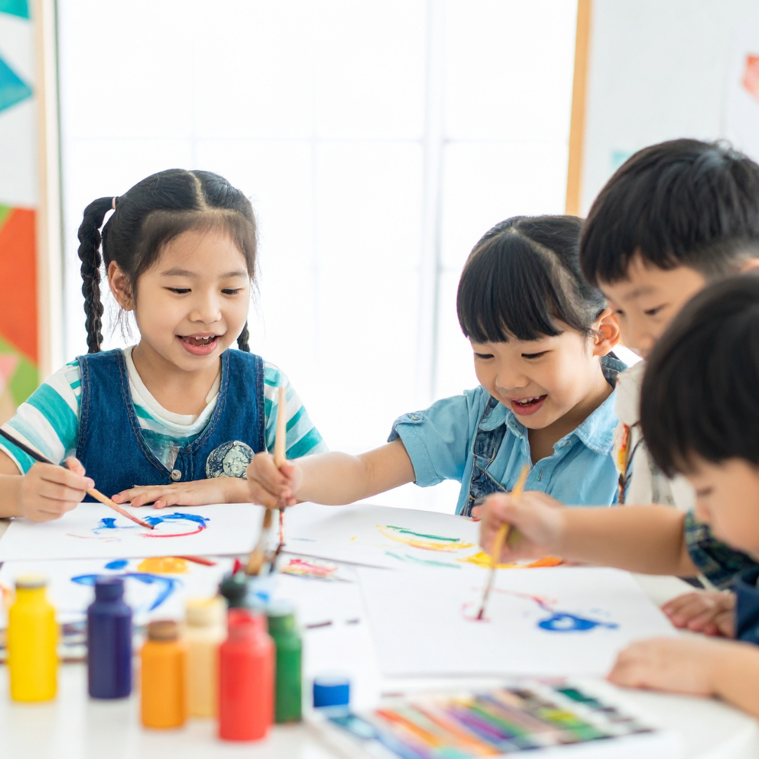 Winter themed following directions children painting and working together