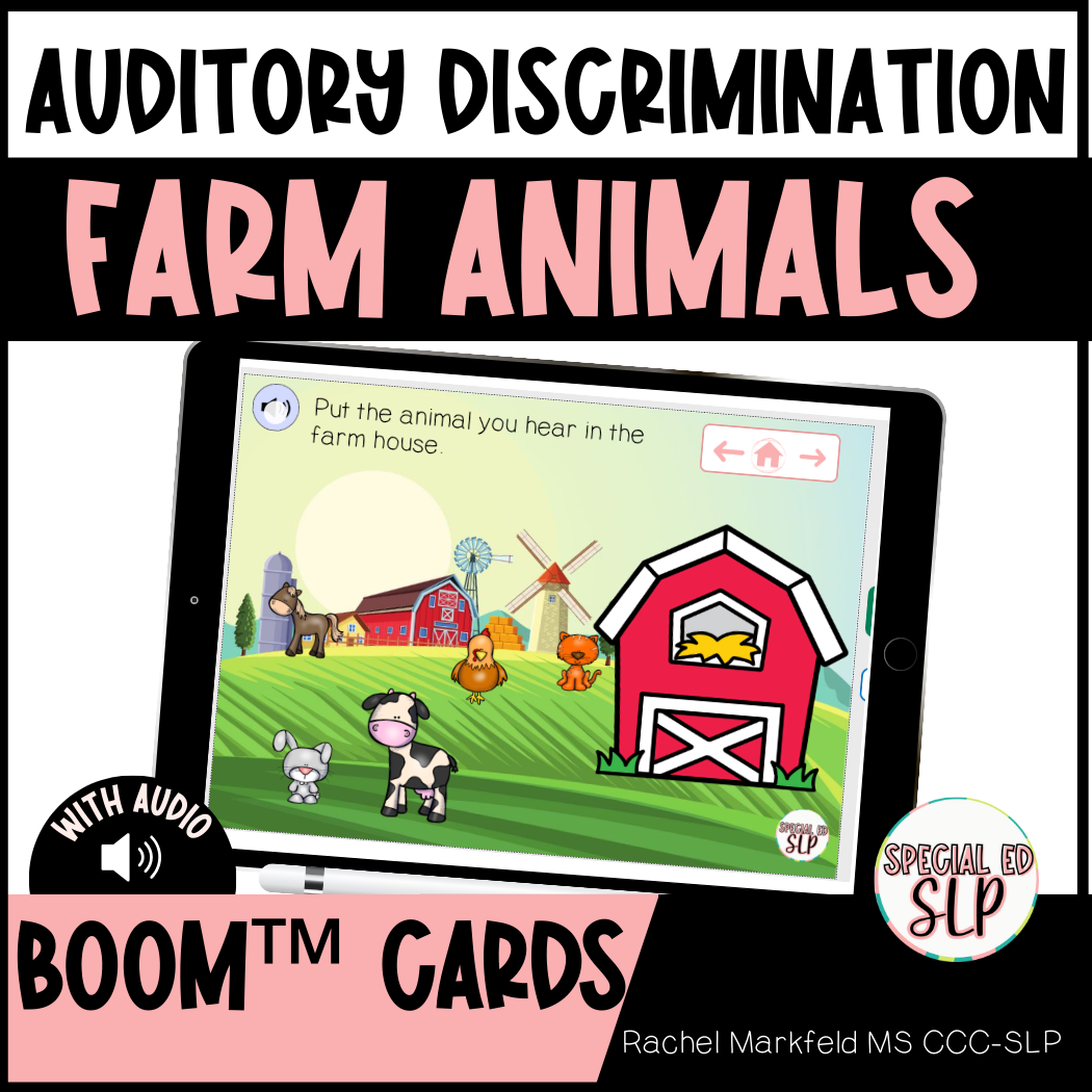 Auditory discrimination for farm animals for deaf and hard of hearing children. Hearing checks. Boom cards for deaf and hard of hearing children. Cochlear implant speech therapy. Speech therapy for children with hearing aids and cochlear implants. 