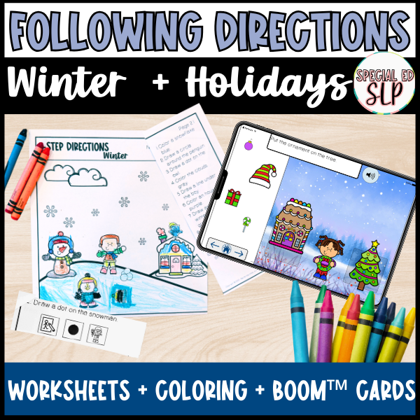 Winter following directions worksheets, coloring and boom cards. Christmas, new years, Hanukkah, Valentine's Day, St. Patrick's Day