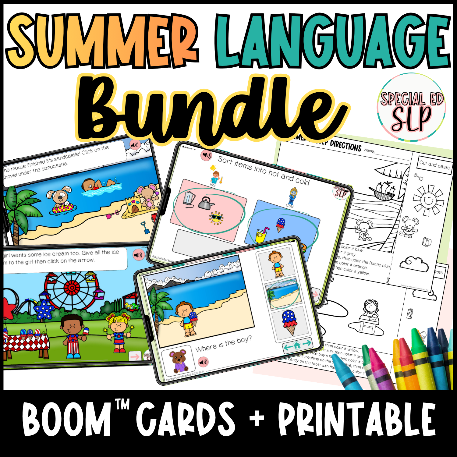 Summer speech therapy language concept bundle for teachers pay teachers. Listening comprehension, spatial concepts, prepositions, quantitative concepts, worksheets for speech therapy, hot vs cold descriptions, wh questions for who, what and where.